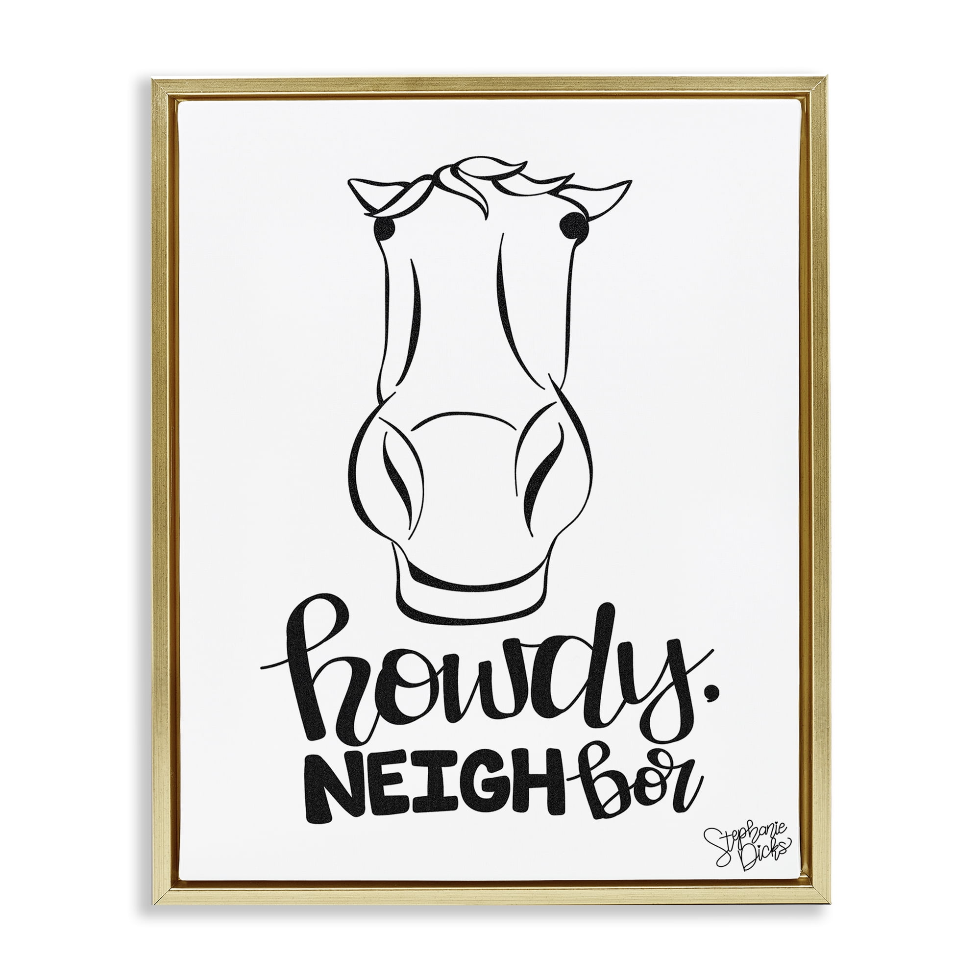 Stupell Industries Howdy Neighbor with Horse Animals Painting Gold Floater Framed Canvas Art Print Wall Art, 25 x 31