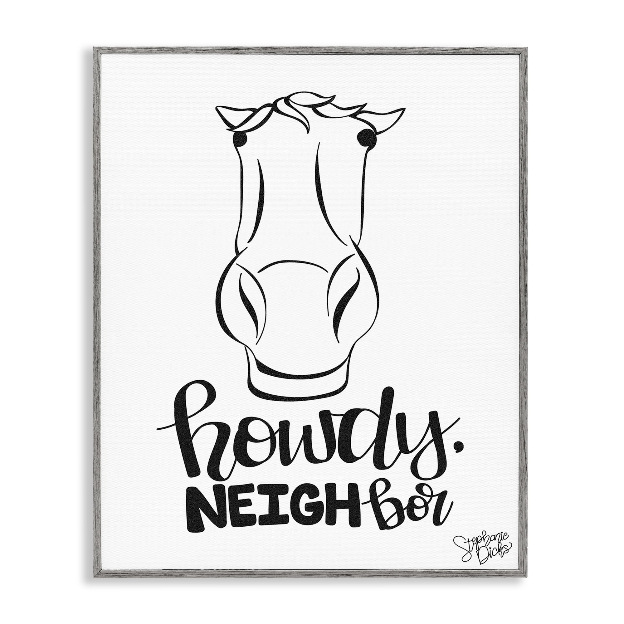 Stupell Industries Howdy Neighbor with Horse Animals Painting Gray Framed Art Print Wall Art, 11 x 14