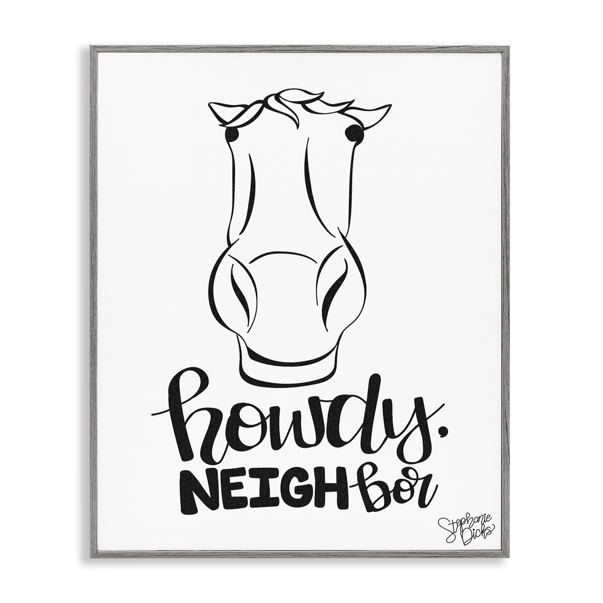 Stupell Industries Howdy Neighbor with Horse Animals Painting Gray Framed Art Print Wall Art, 16 x 20