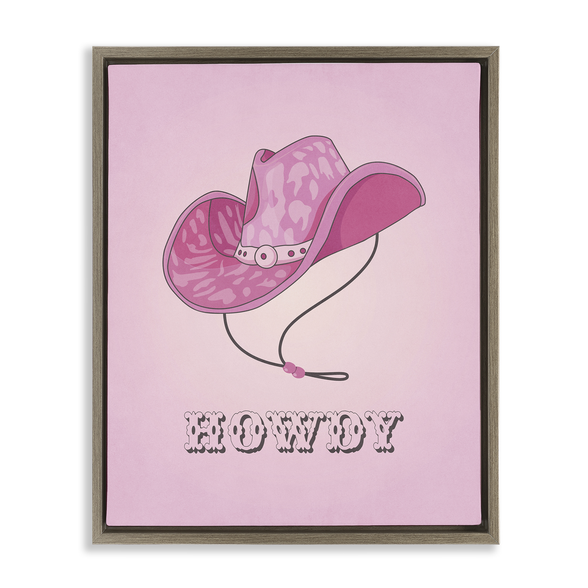 Stupell Industries Howdy Pink Cowgirl Hat Entertainment Painting Brown Floater Framed Canvas Art Print Wall Art, 17 x 21