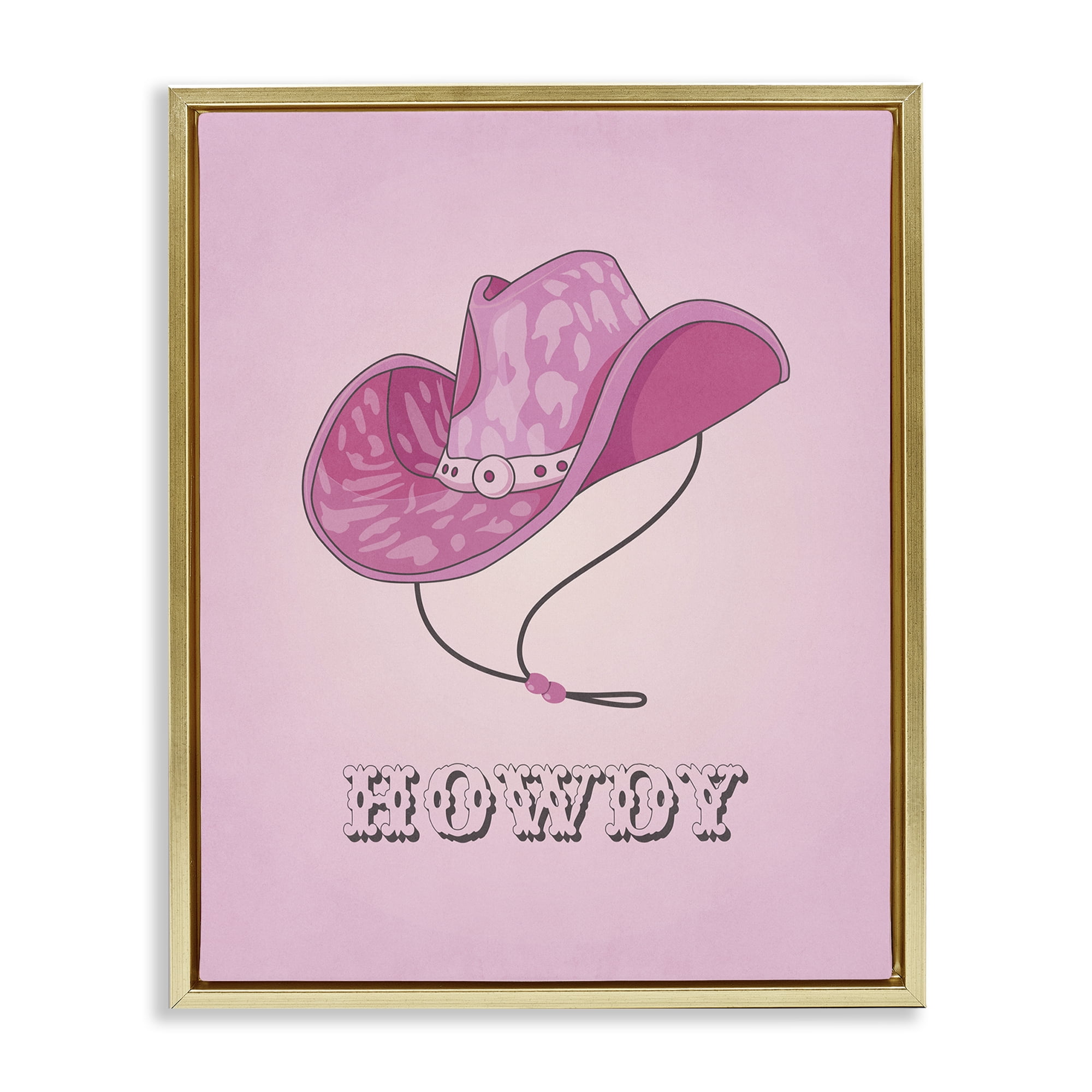 Stupell Industries Howdy Pink Cowgirl Hat Entertainment Painting Gold Floater Framed Canvas Art Print Wall Art, 17 x 21