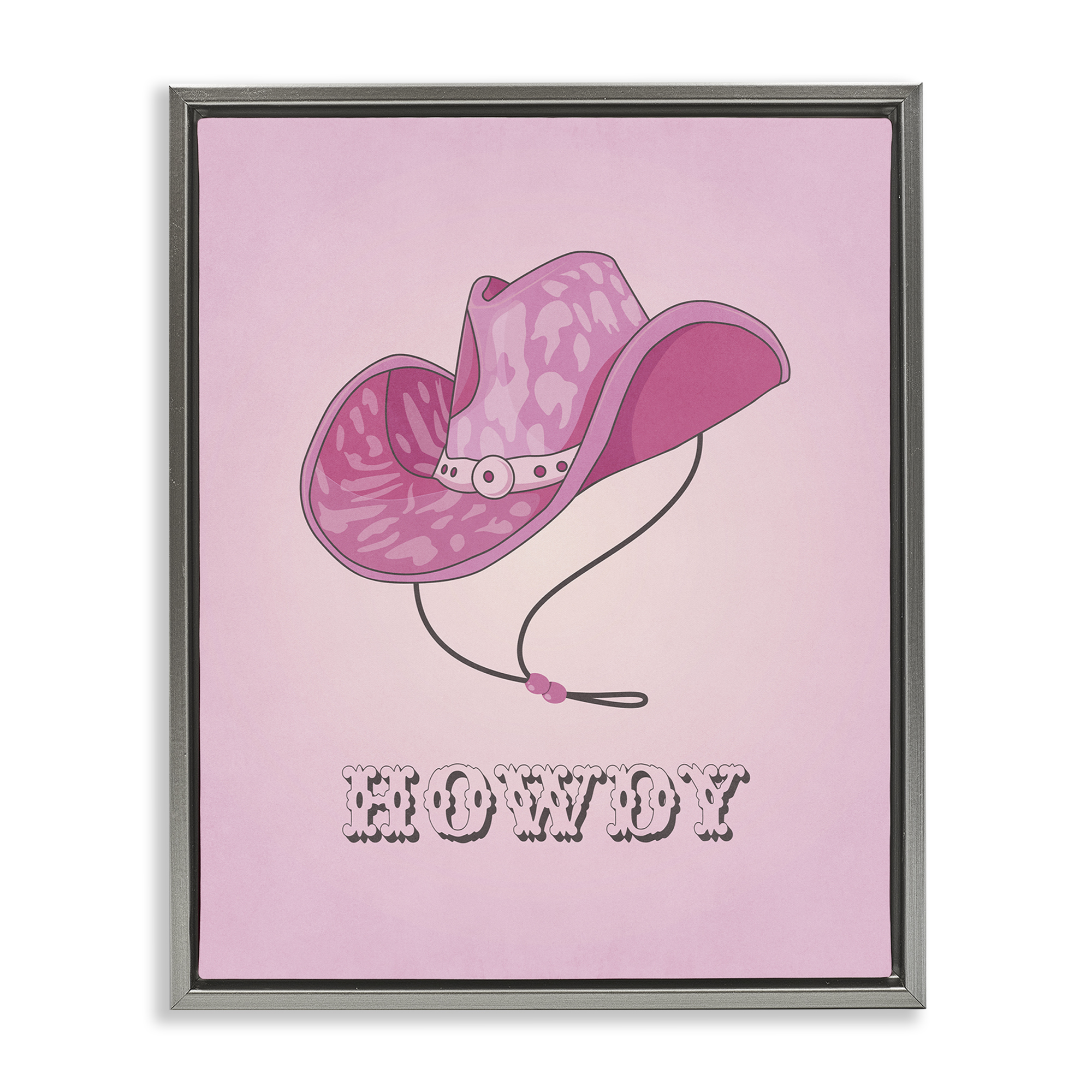 Stupell Industries Howdy Pink Cowgirl Hat Entertainment Painting Gray Floater Framed Canvas Art Print Wall Art, 25 x 31