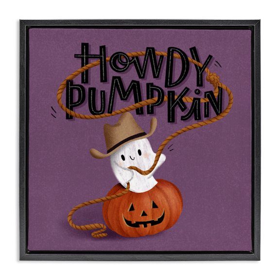 Stupell Industries Howdy Pumpkin Western Ghost Quotes and Sayings Painting Black Floater Framed Canvas Art Print Wall Art, 18 x 18