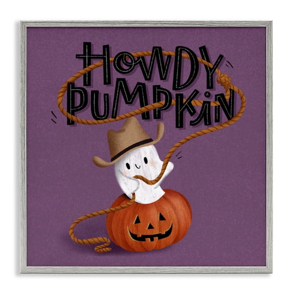 Stupell Industries Howdy Pumpkin Western Ghost Quotes and Sayings Painting Gray Framed Art Print Wall Art, 12 x 12