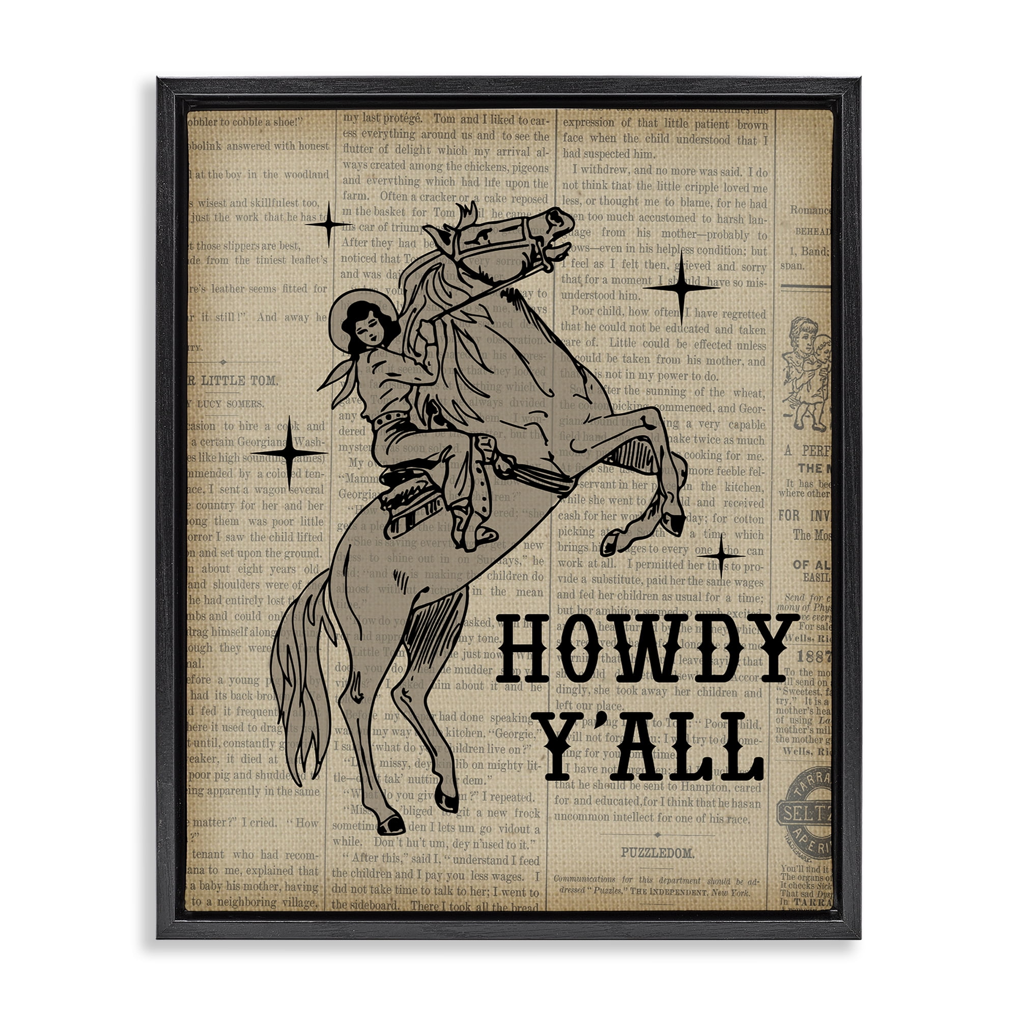 Stupell Industries Howdy Y'all Vintage Newspaper Animals Painting Black Floater Framed Canvas Art Print Wall Art, 17 x 21