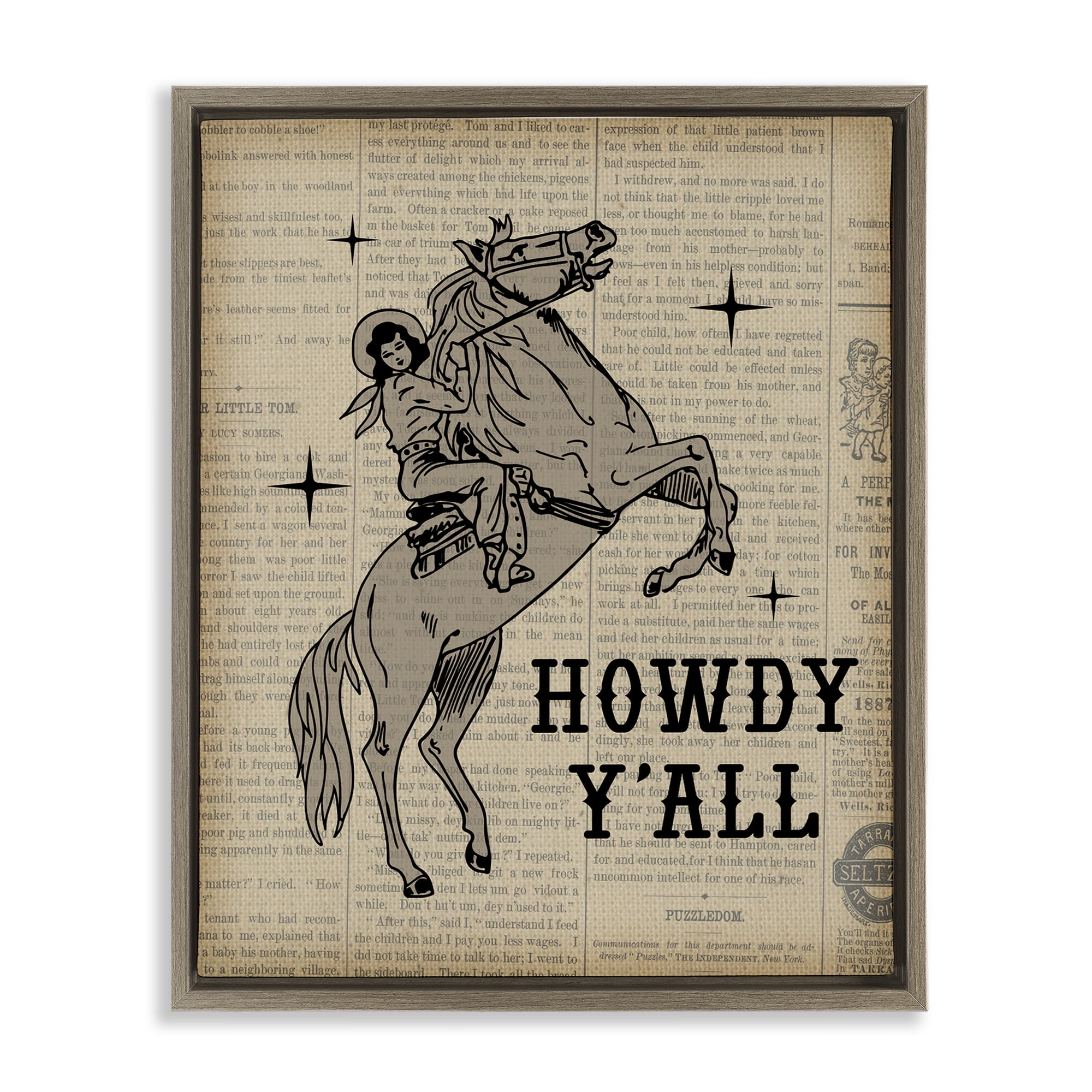 Stupell Industries Howdy Y'all Vintage Newspaper Animals Painting Brown Floater Framed Canvas Art Print Wall Art, 17 x 21