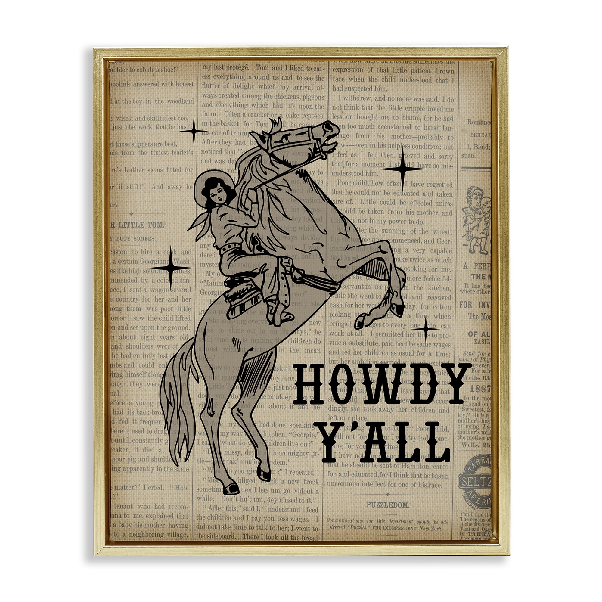 Stupell Industries Howdy Y'all Vintage Newspaper Animals Painting Gold Floater Framed Canvas Art Print Wall Art, 25 x 31