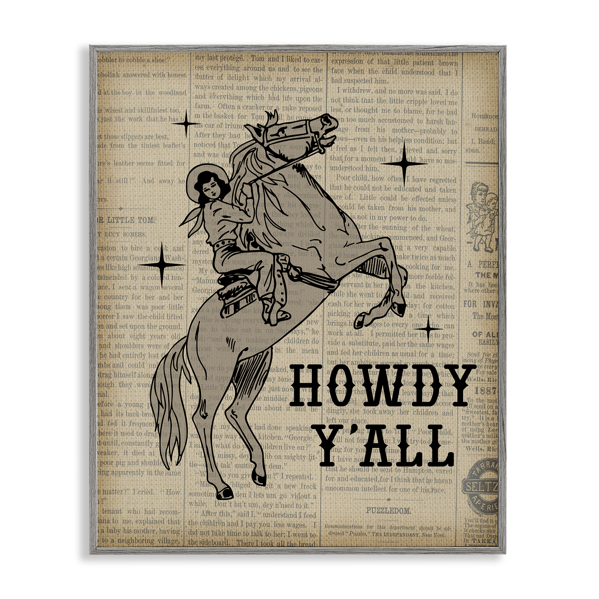 Stupell Industries Howdy Y'all Vintage Newspaper Animals Painting Gray Framed Art Print Wall Art, 24 x 30