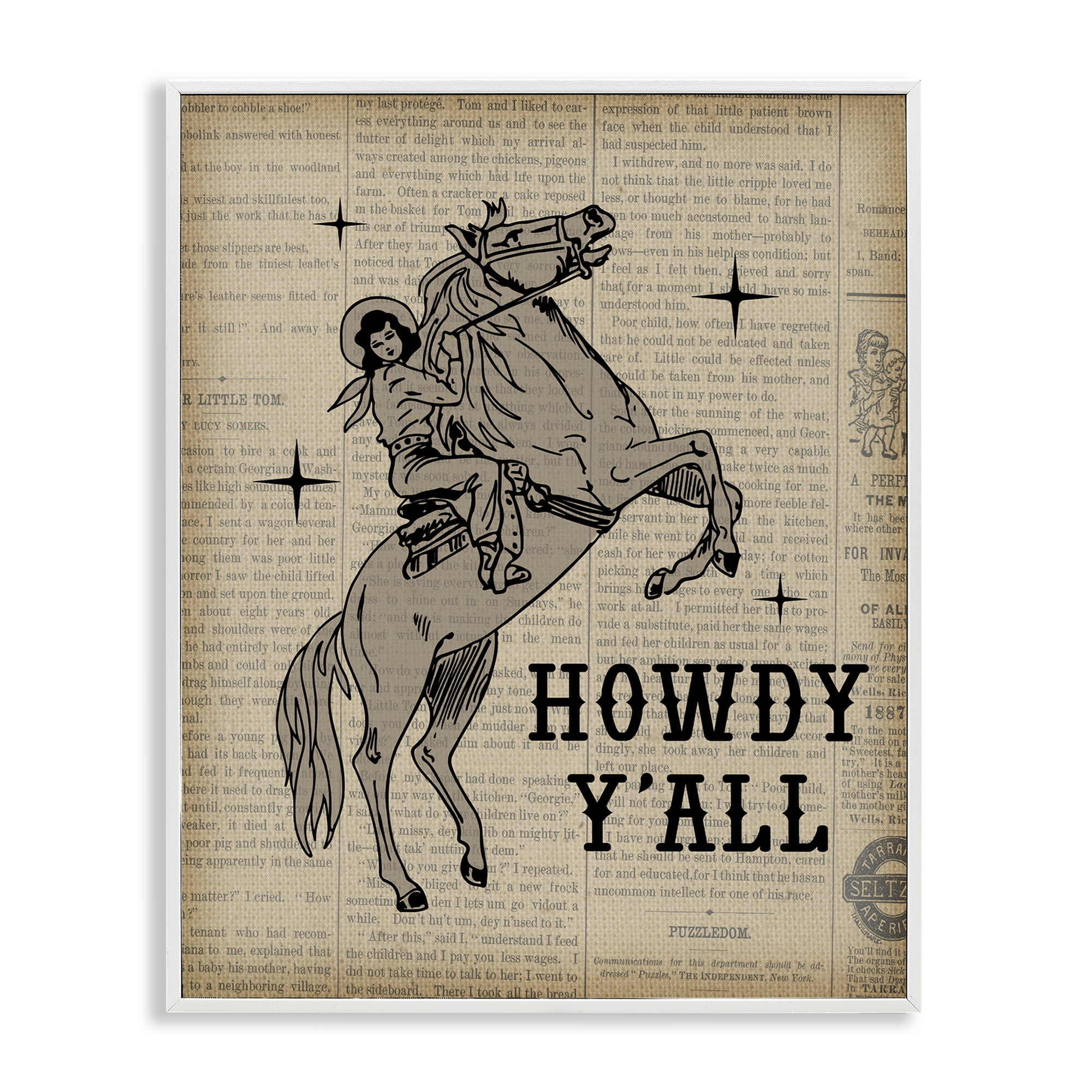 Stupell Industries Howdy Y'all Vintage Newspaper Animals Painting White Framed Art Print Wall Art, 24 x 30