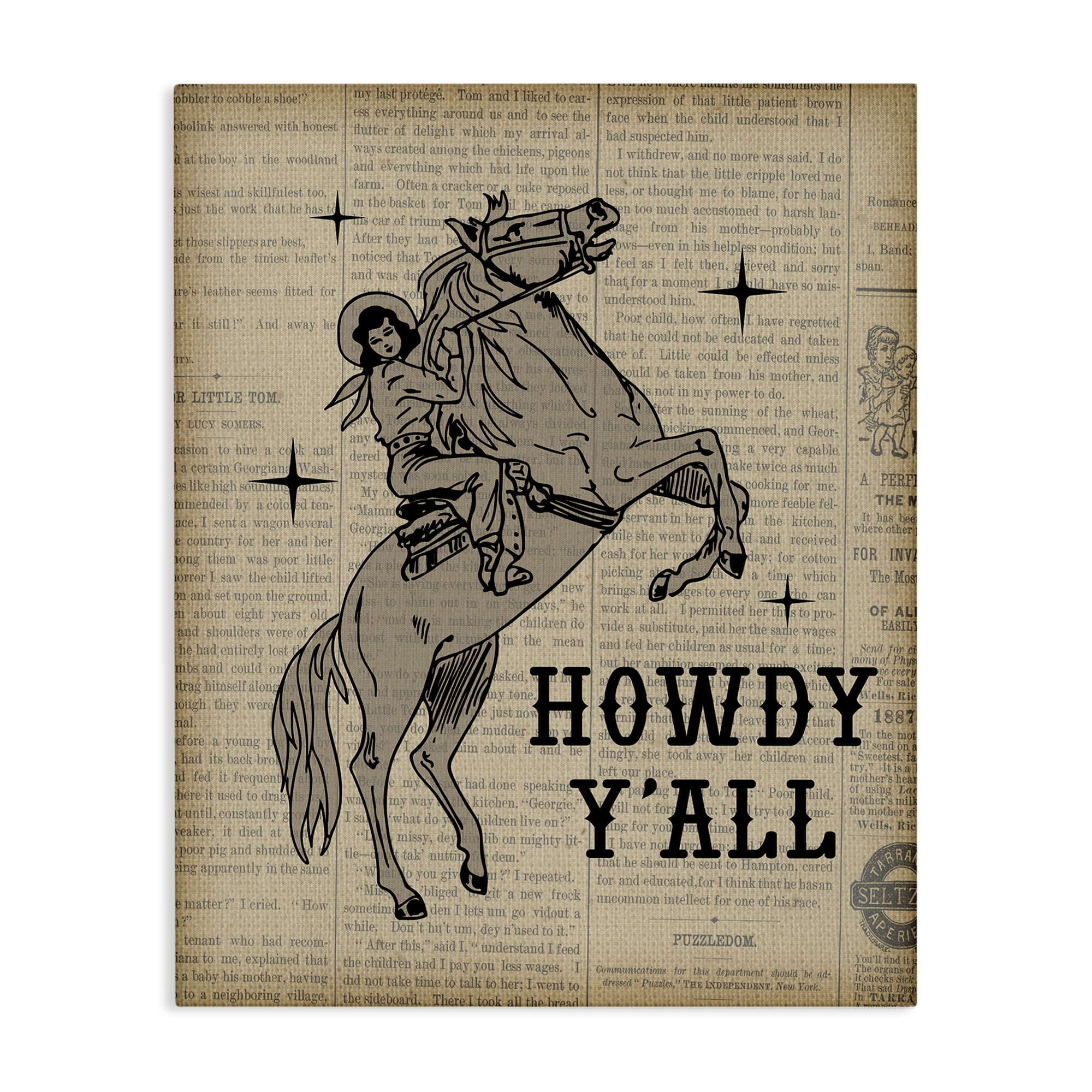 Stupell Industries Howdy Y'all Vintage Newspaper Animals Painting Wrapped Canvas Art Print Wall Art, 30 x 40