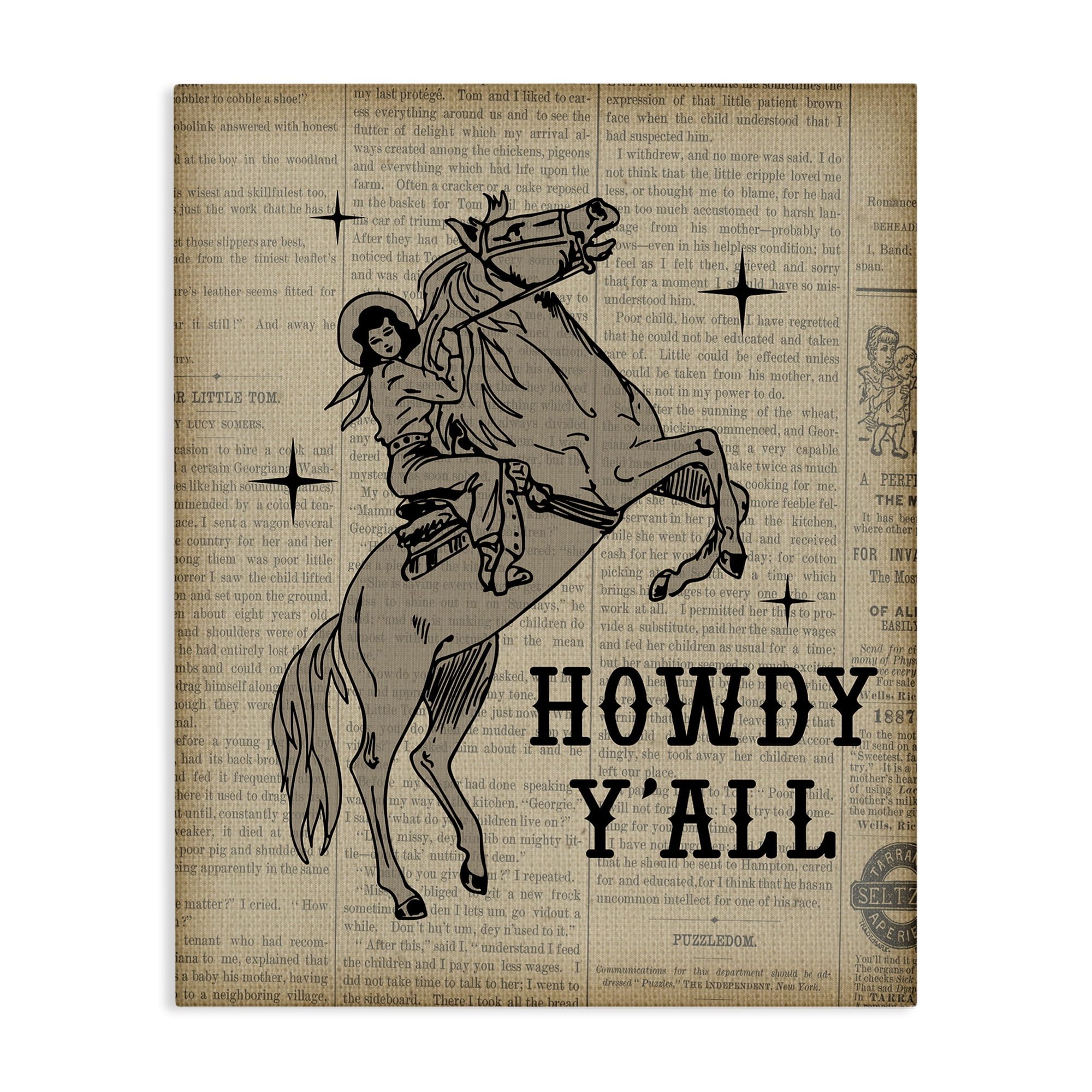 Stupell Industries Howdy Y'all Vintage Newspaper Animals Painting Wrapped Canvas Art Print Wall Art, 36 x 48