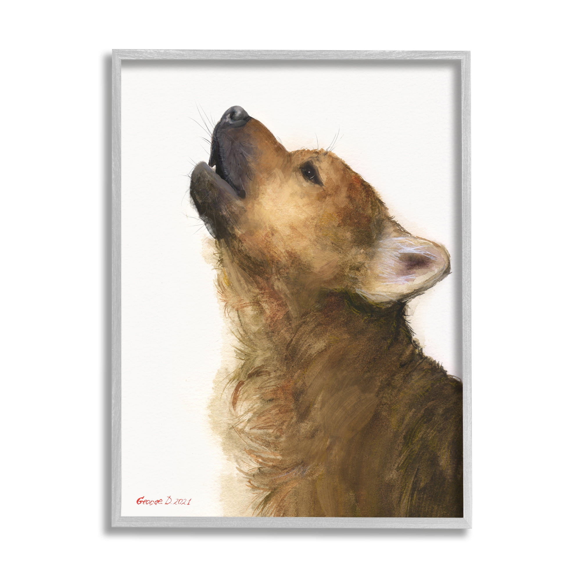 Stupell Industries Howling Brown Dog Portrait Intricate Details Painting Painting Gray Framed Art Print Wall Art, Design by George Dyachenko