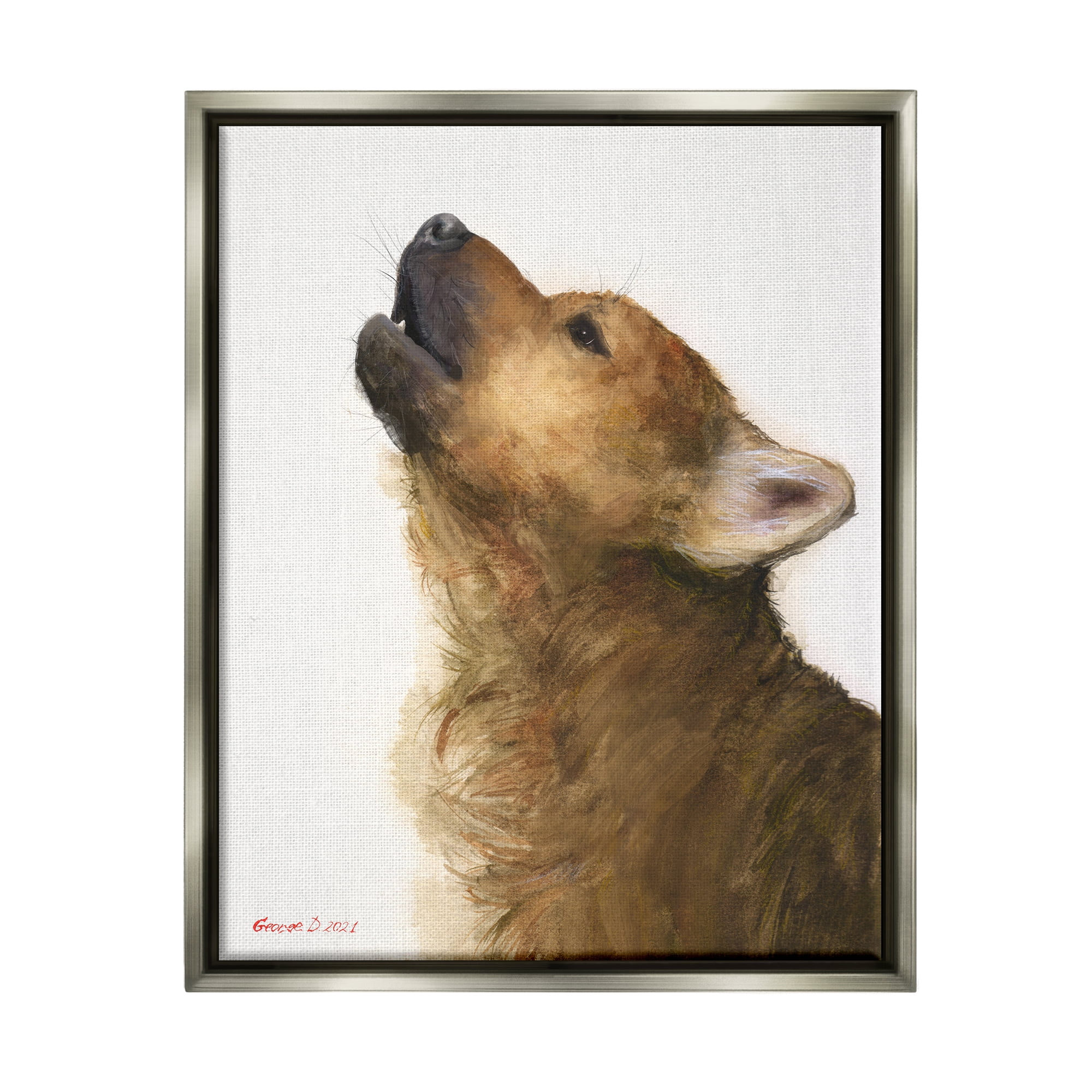 Stupell Industries Howling Brown Dog Portrait Intricate Details Painting Painting Luster Gray Floating Framed Canvas Print Wall Art, Design by George Dyachenko