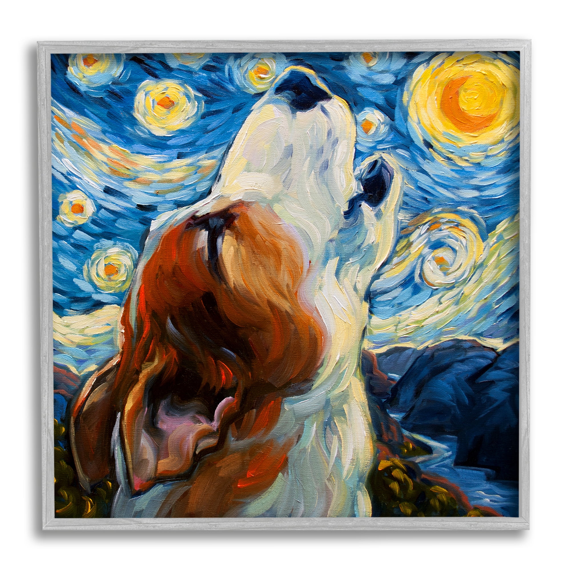 Stupell Industries Howling Dog Classic Painting Animals & Insects Painting Gray Framed Art Print Wall Art, 12 x 12
