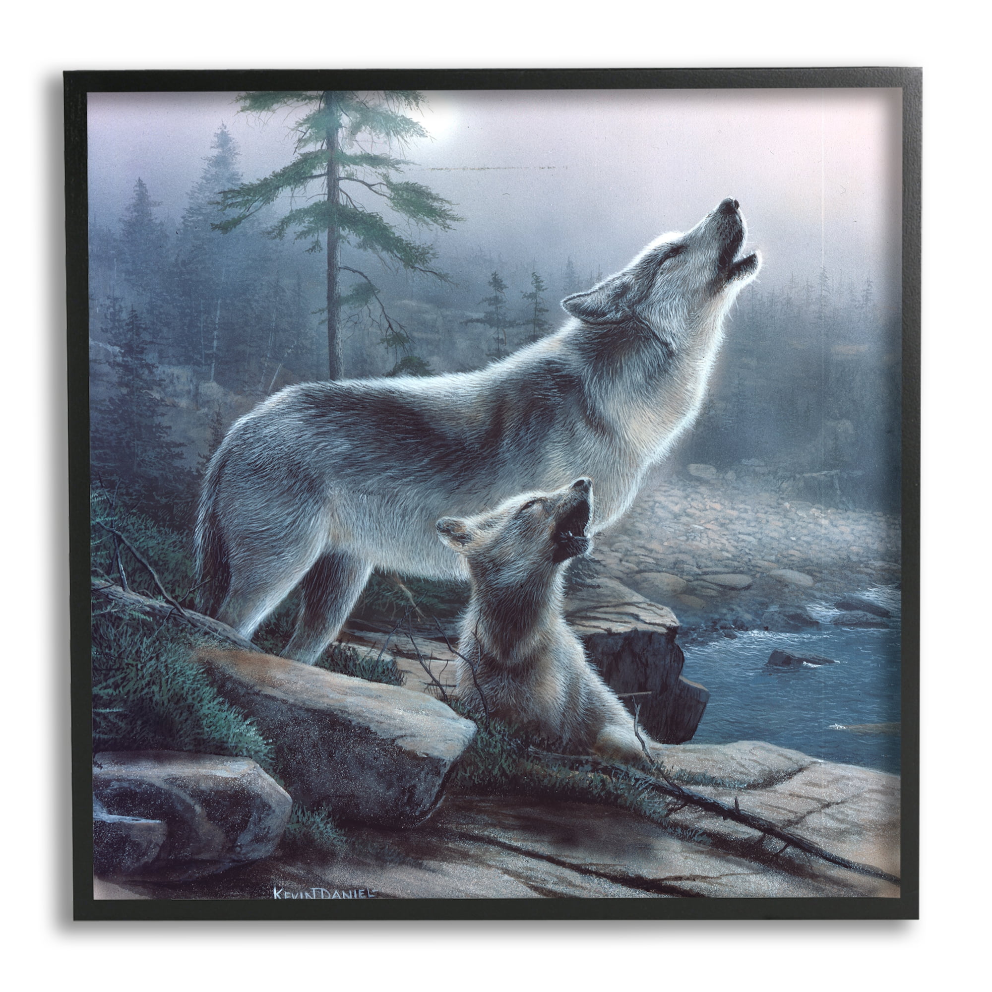 Stupell Industries Howling Wolf & Pup Landscape Animals & Insects Painting Black Framed Art Print Wall Art, 12 x 12
