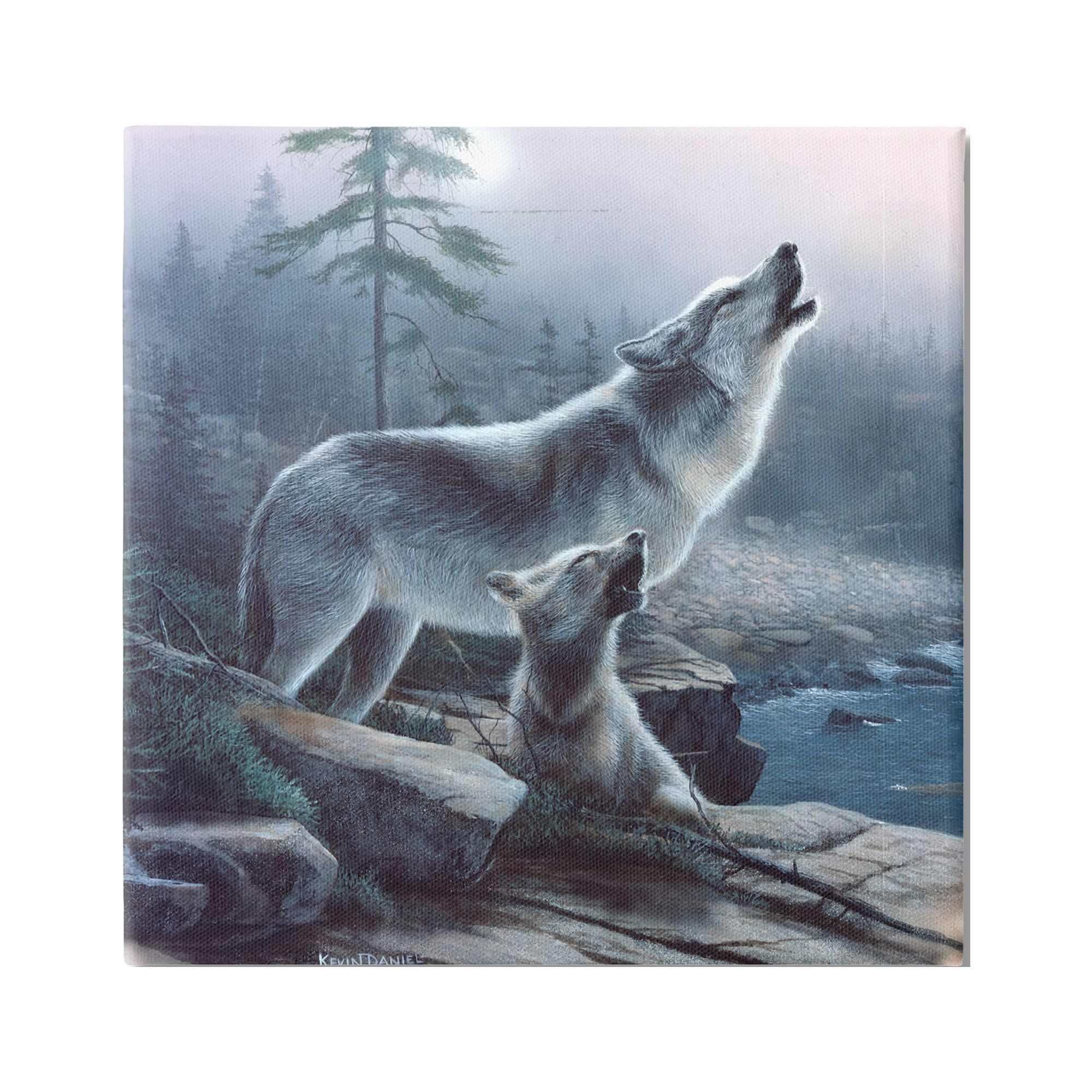 Howling Wolf and Pup Rustic Wooden Framed Canvas Art