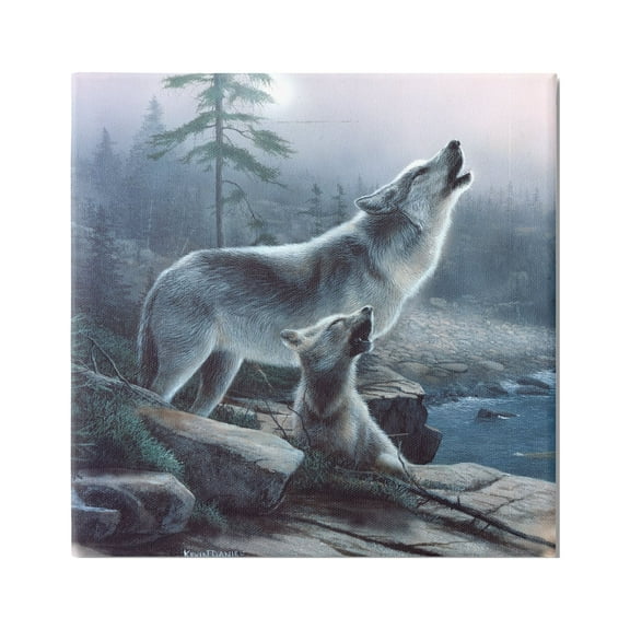 Stupell Industries Howling Wolf & Pup Landscape Animals & Insects Painting Gallery Wrapped Canvas Print Wall Art, 17 x 17