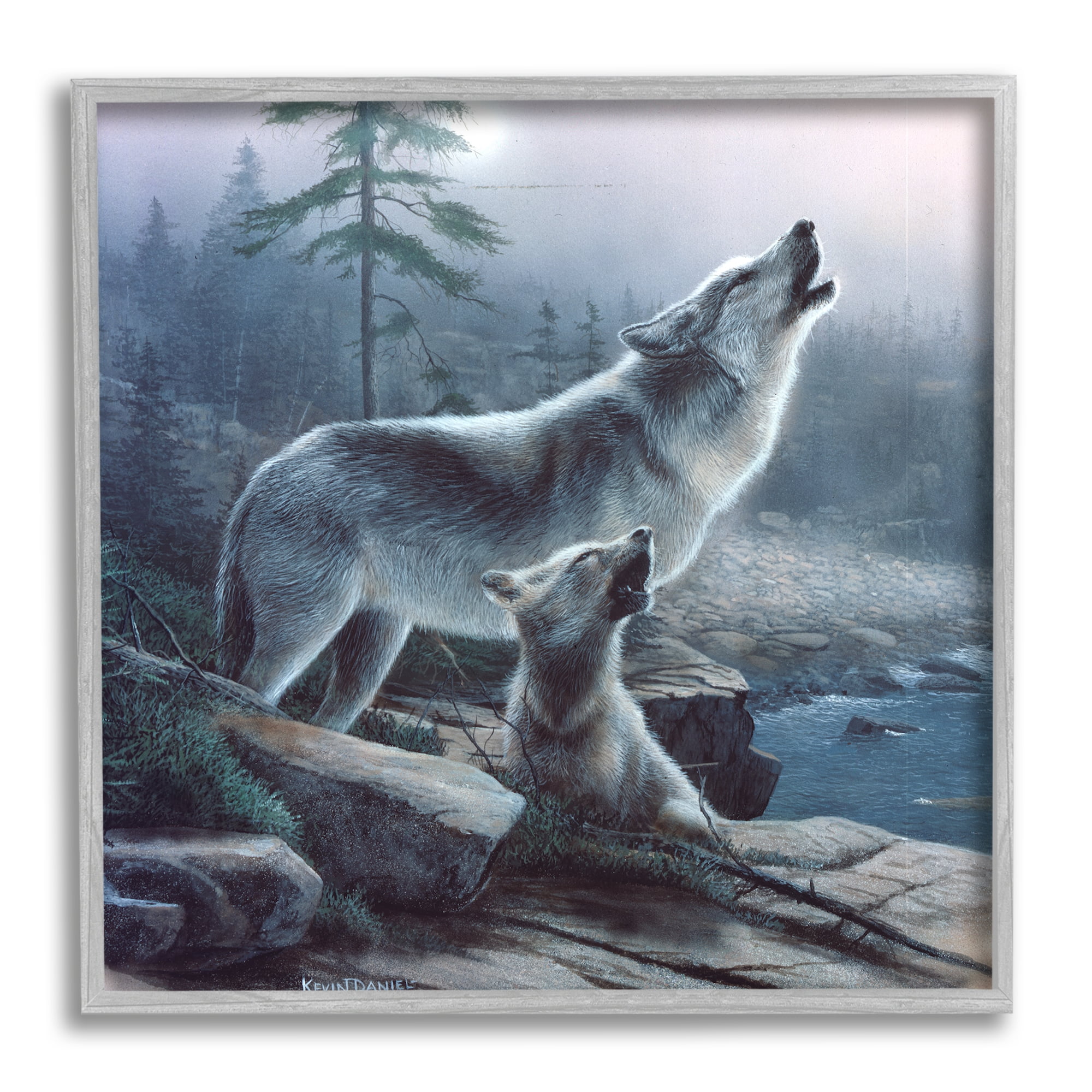 Stupell Industries Howling Wolf & Pup Landscape Animals & Insects Painting Gray Framed Art Print Wall Art, 12 x 12
