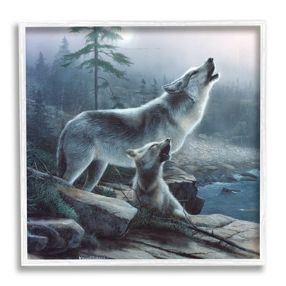 Stupell Industries Howling Wolf & Pup Landscape Animals & Insects Painting White Framed Art Print Wall Art, 17 x 17