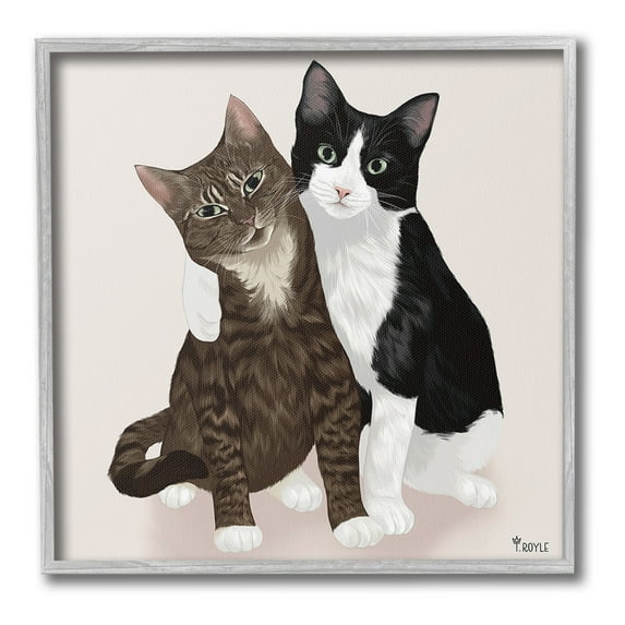 Stupell Industries Hugging Cat Friends Animals & Insects Painting Gray Framed Art Print Wall Art, 17 x 17