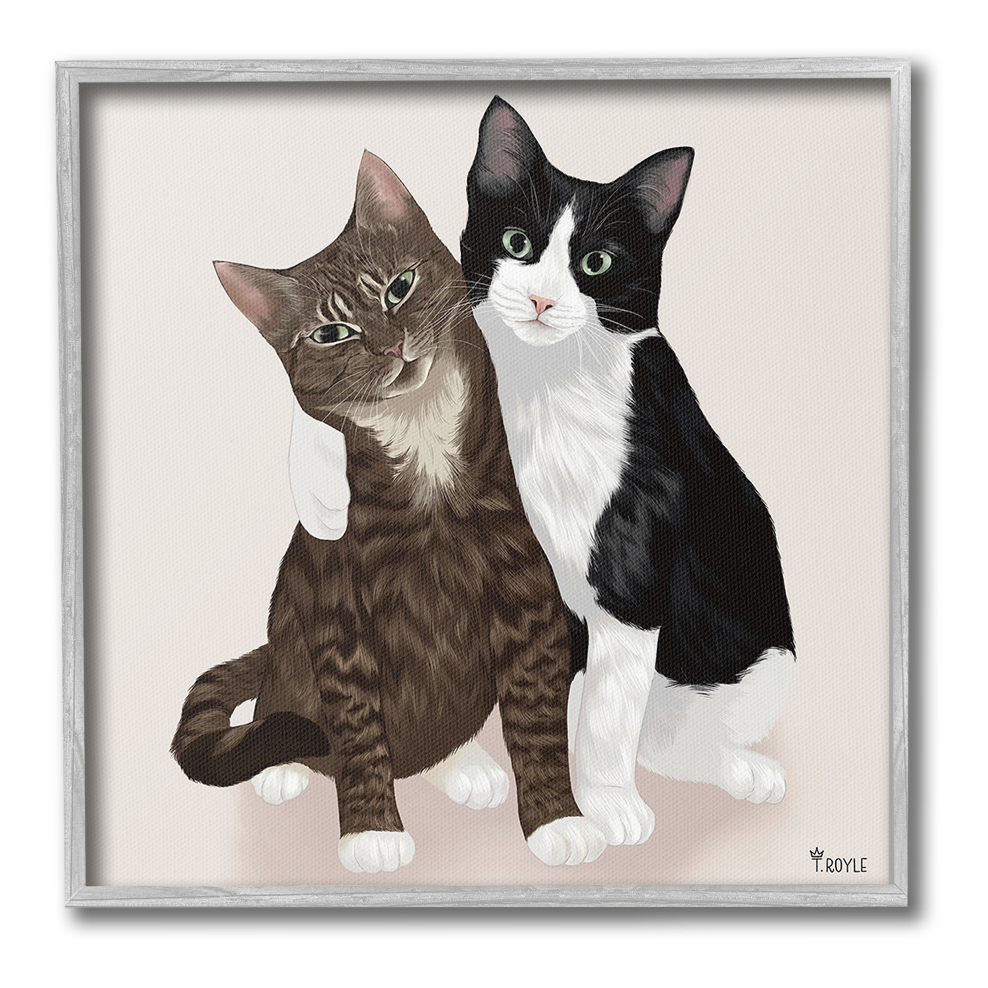Stupell Industries Hugging Cat Friends Animals & Insects Painting Gray Framed Art Print Wall Art, 24 x 24