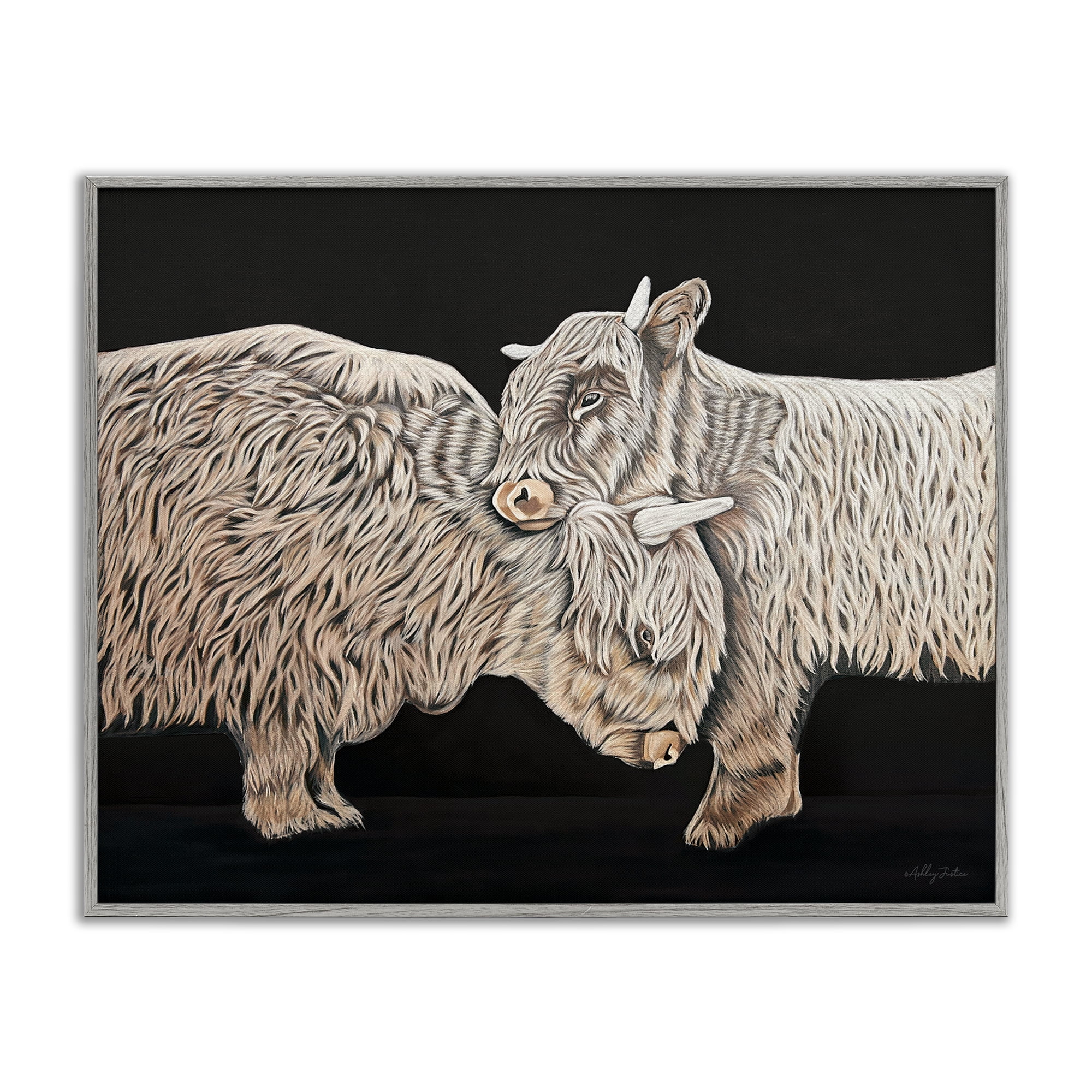 Stupell Industries Hugging Cattle on Black Animals Painting Gray Framed Art Print Wall Art, 14 x 11