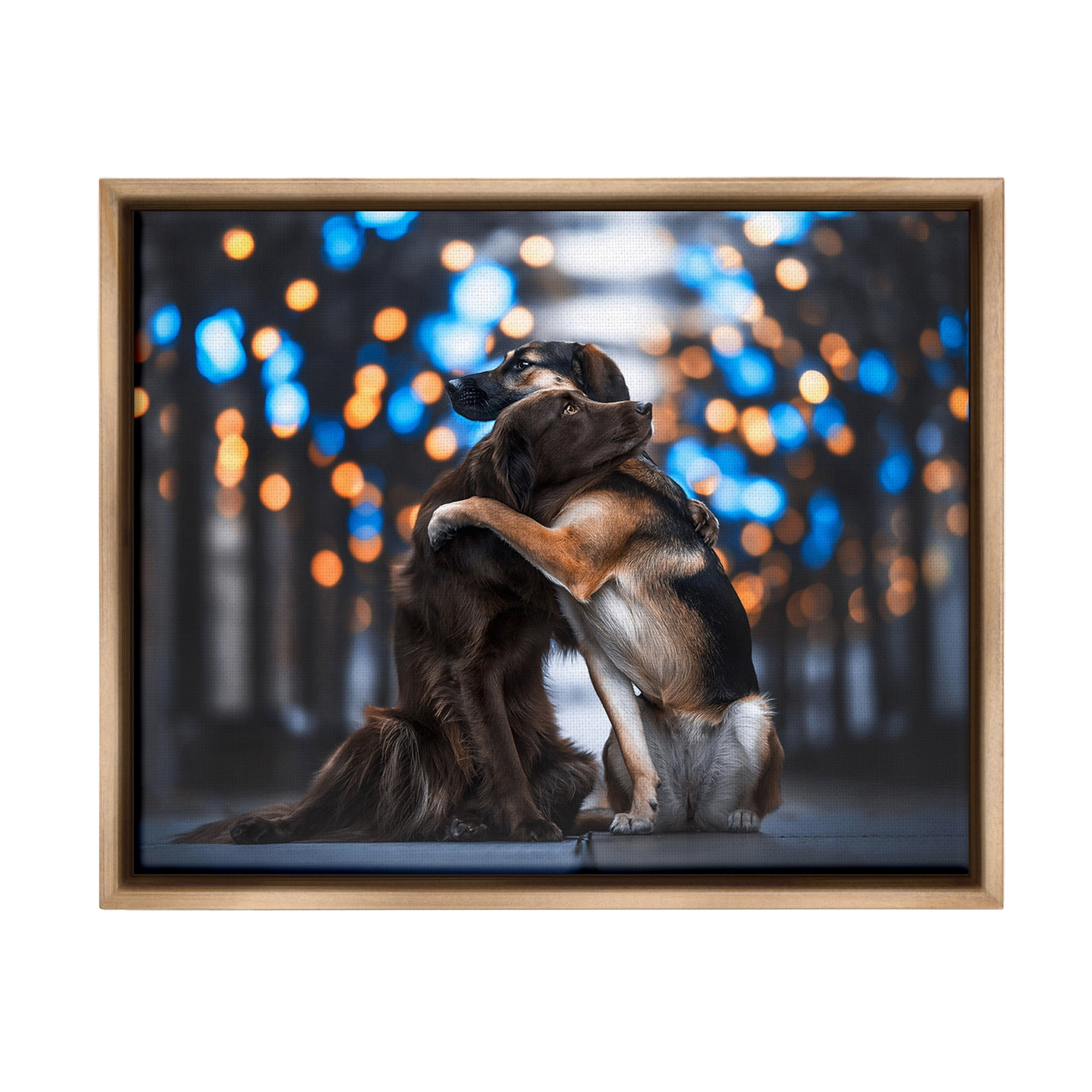 Stupell Industries Hugging Dogs with Bokeh Animals & Insects Painting Brown Floater Framed Canvas Art Print Wall Art, 21 x 17