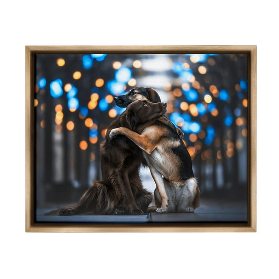 Stupell Industries Hugging Dogs with Bokeh Animals & Insects Painting Brown Floater Framed Canvas Art Print Wall Art, 21 x 17