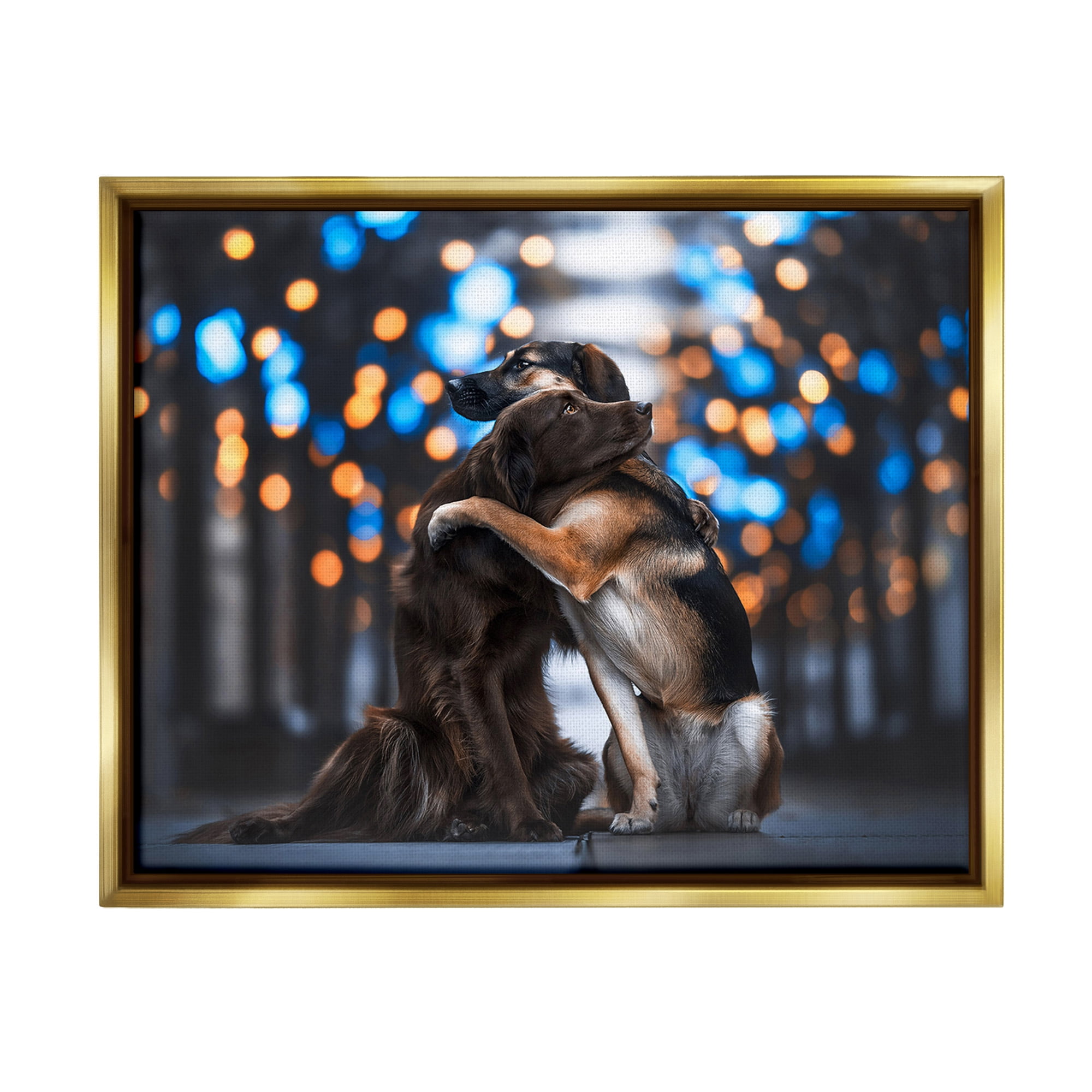 Stupell Industries Hugging Dogs with Bokeh Animals & Insects Painting Gold Floater Framed Canvas Art Print Wall Art, 21 x 17