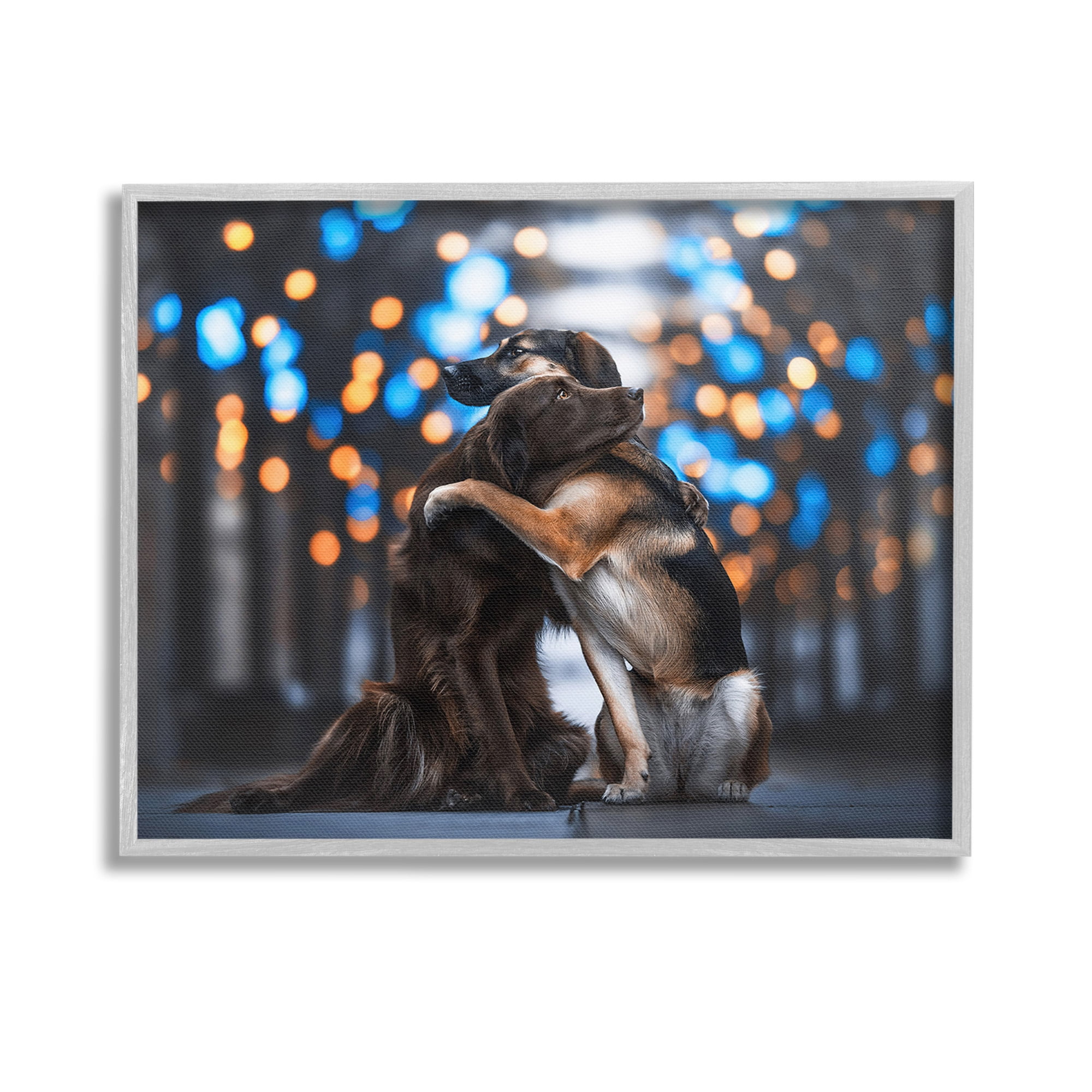 Stupell Industries Hugging Dogs with Bokeh Animals & Insects Painting Gray Framed Art Print Wall Art, 14 x 11