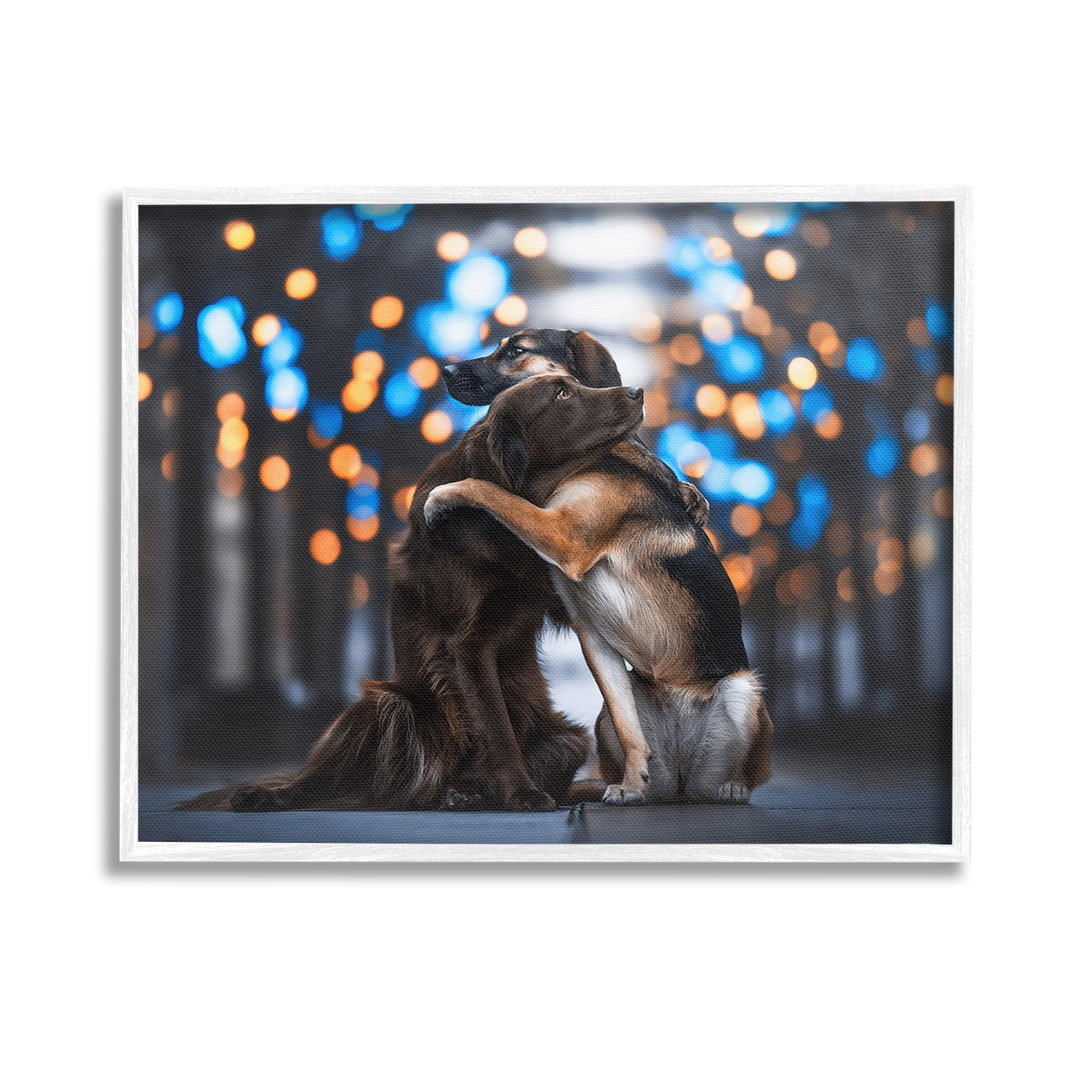 Stupell Industries Hugging Dogs with Bokeh Animals & Insects Painting White Framed Art Print Wall Art, 14 x 11