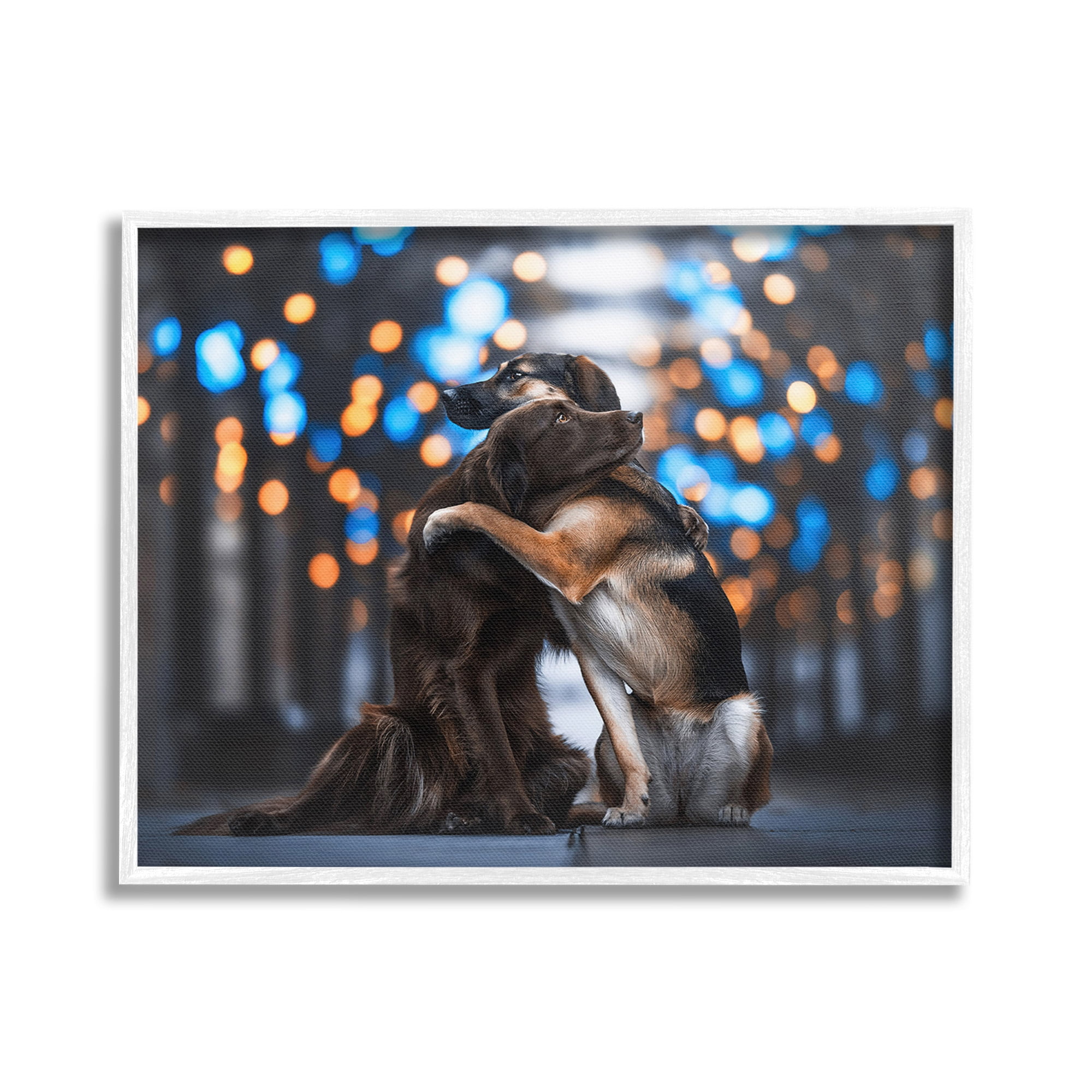 Stupell Industries Hugging Dogs with Bokeh Animals & Insects Painting White Framed Art Print Wall Art, 20 x 16
