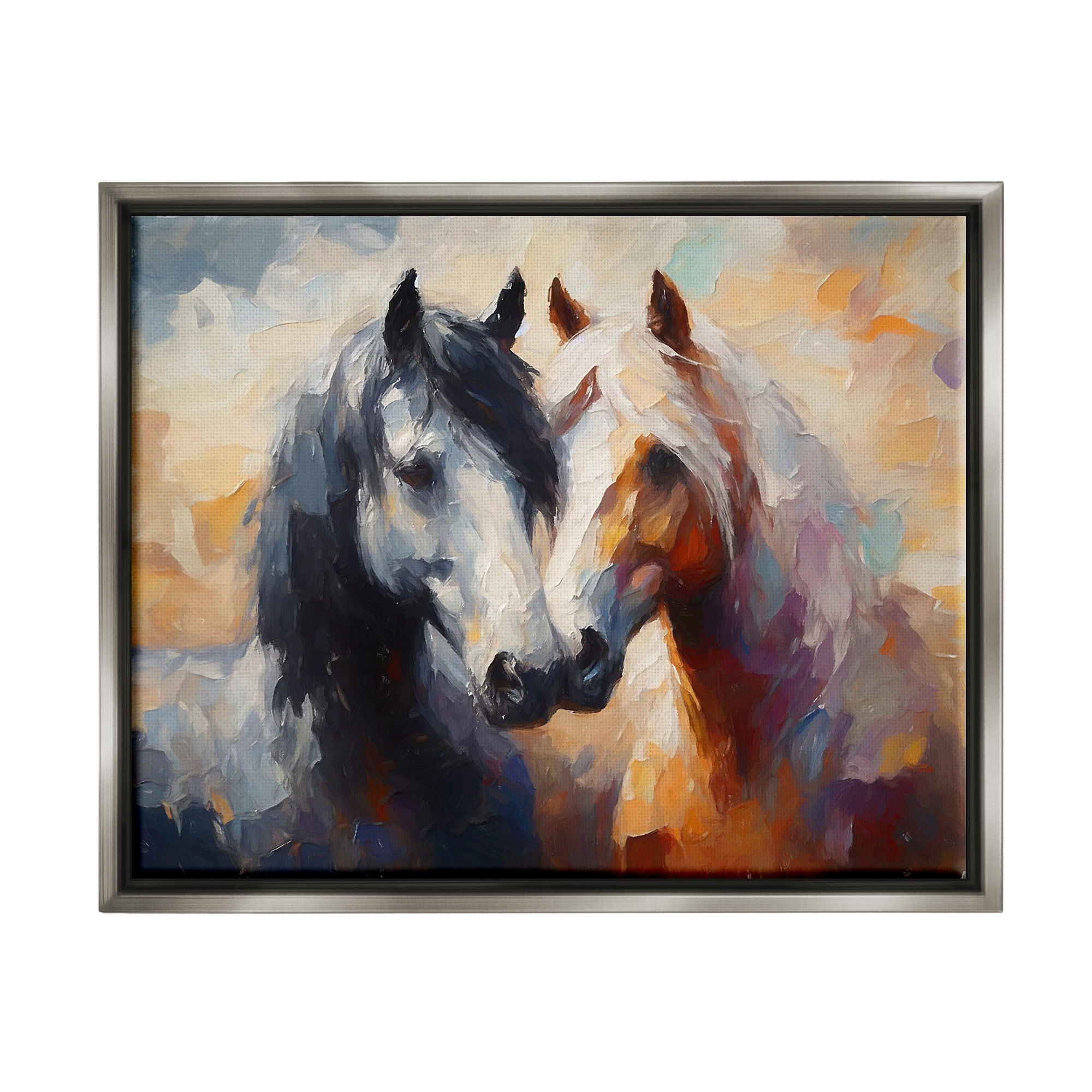 Gray Framed Canvas Painting of Hugging Horses