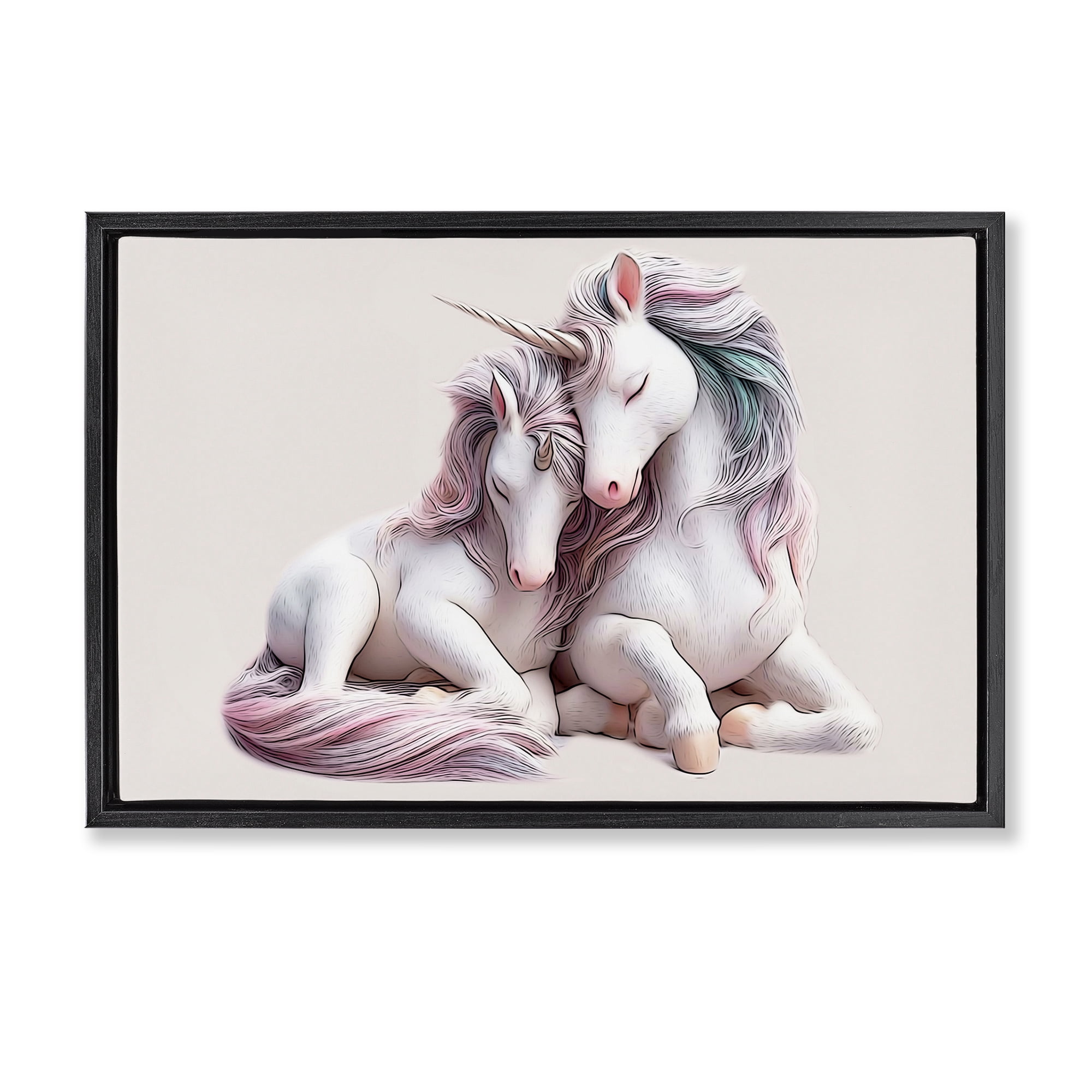 Stupell Industries Hugging Unicorn Pair Animals & Insects Painting Black Floater Framed Art Print Wall Art, 31 x 21