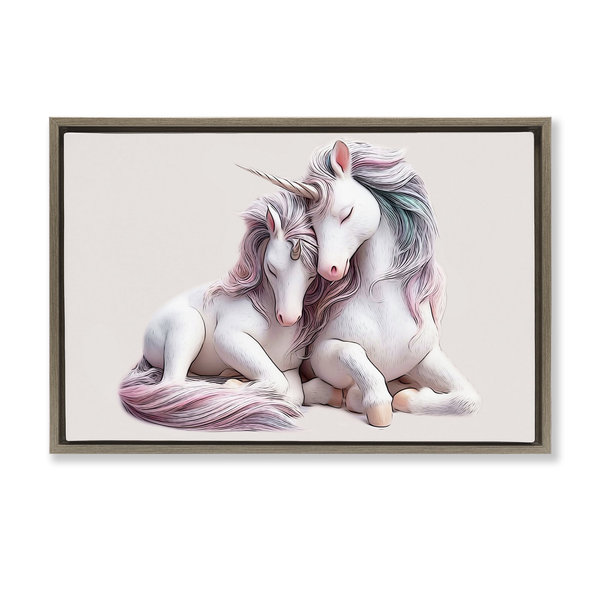 Stupell Industries Hugging Unicorn Pair Animals & Insects Painting Brown Floater Framed Art Print Wall Art, 25 x 17