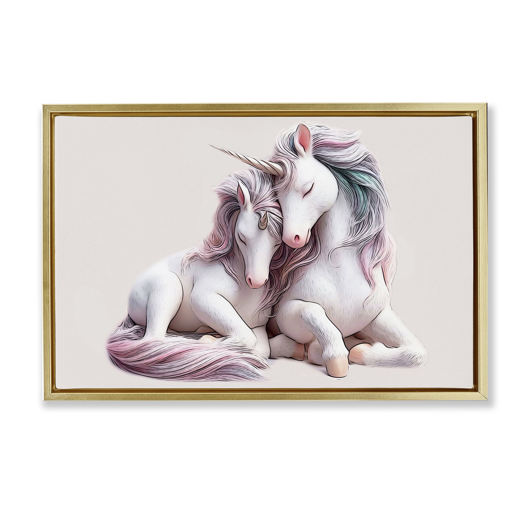 Stupell Industries Hugging Unicorn Pair Animals & Insects Painting Gold Floater Framed Art Print Wall Art, 25 x 17