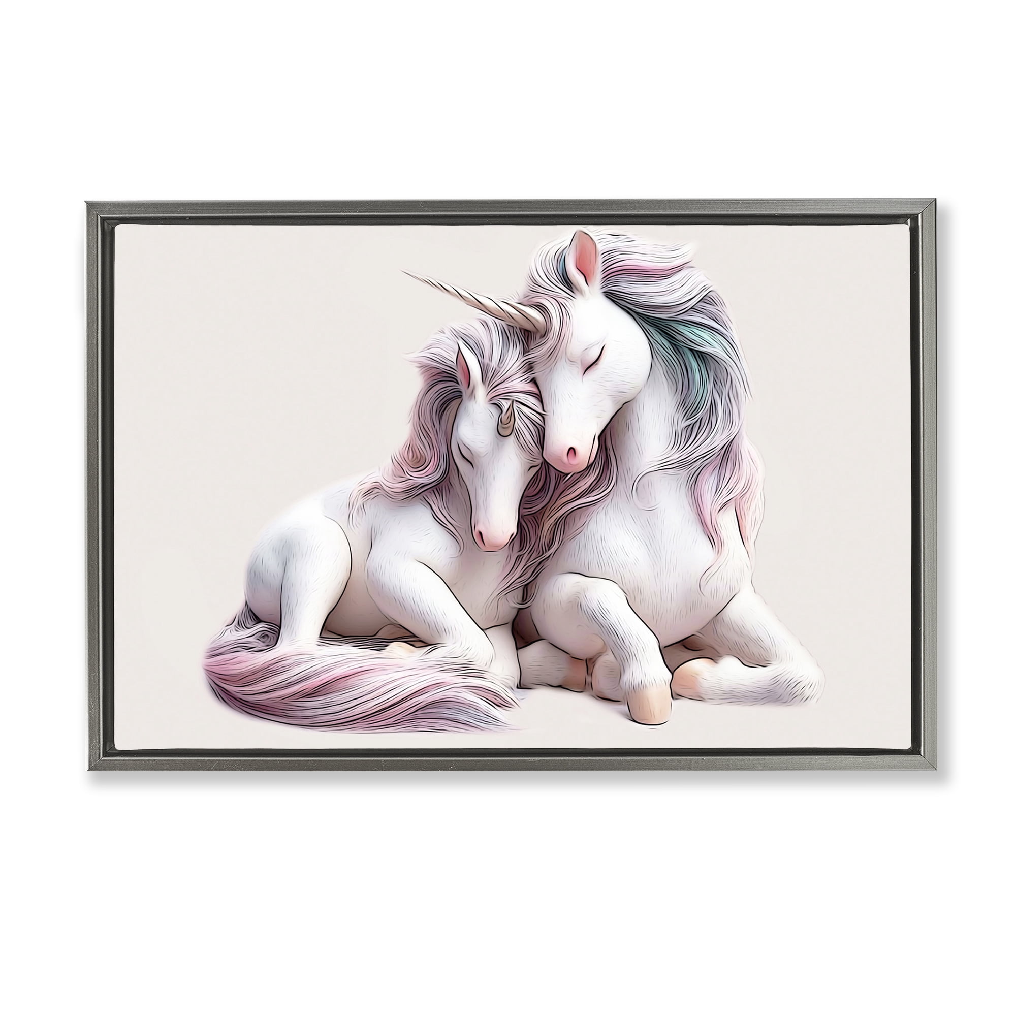 Stupell Industries Hugging Unicorn Pair Animals & Insects Painting Gray Floater Framed Art Print Wall Art, 25 x 17