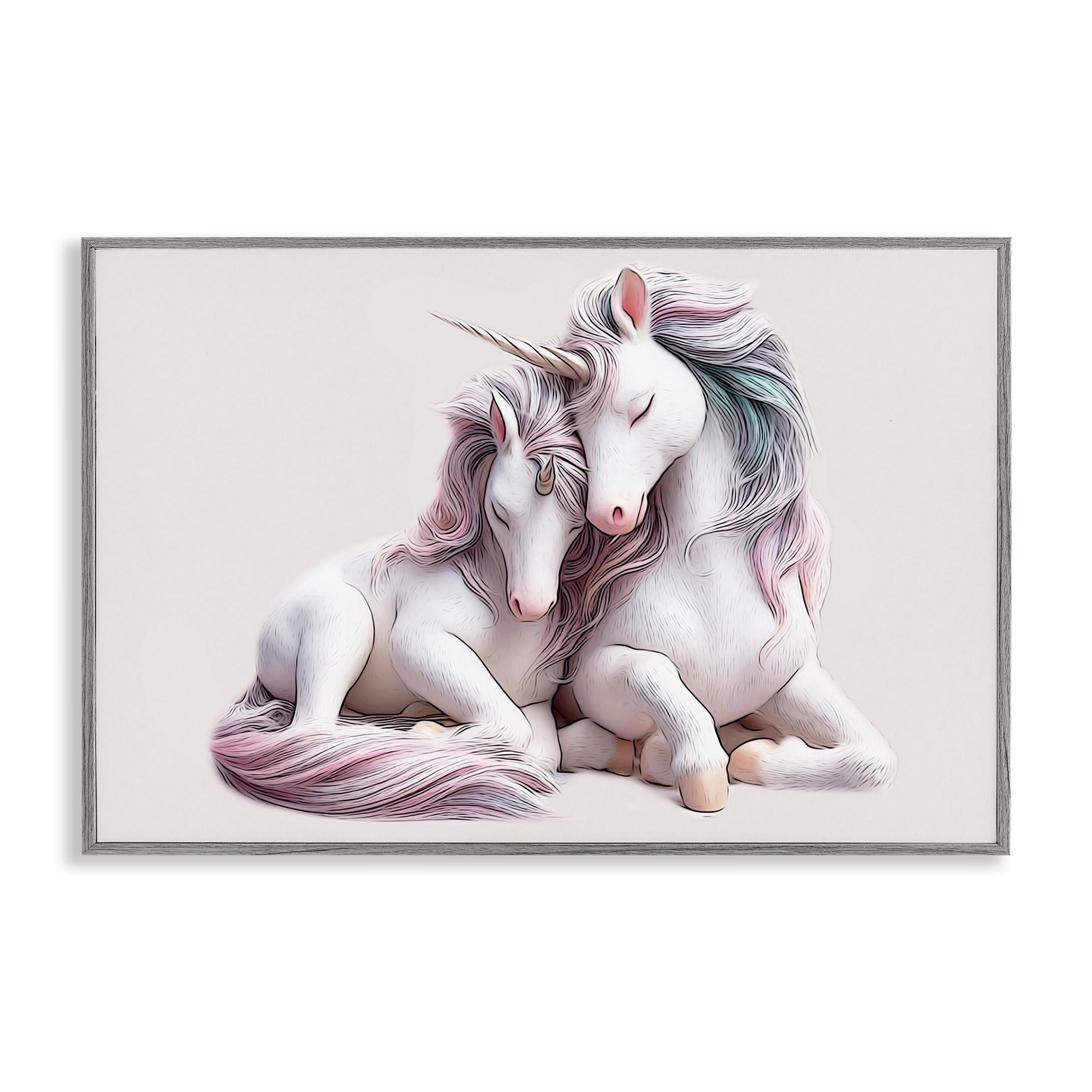 Stupell Industries Hugging Unicorn Pair Animals & Insects Painting Gray Framed Art Print Wall Art, 30 x 20