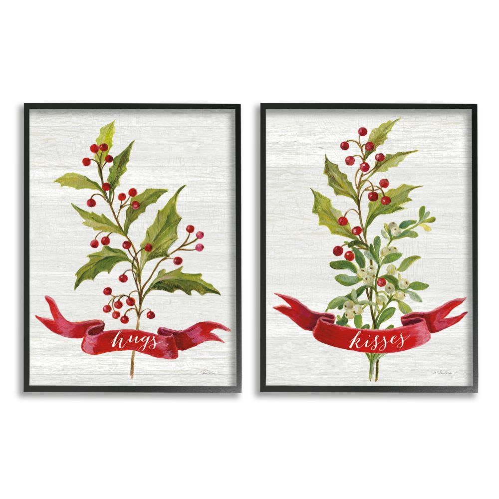 Stupell Industries Hugs and Kisses Christmas Holly Branch Winter Seasonal Framed Wall Art Design by Silvia Vassileva, 2 Piece, 16" x 20", Black Framed