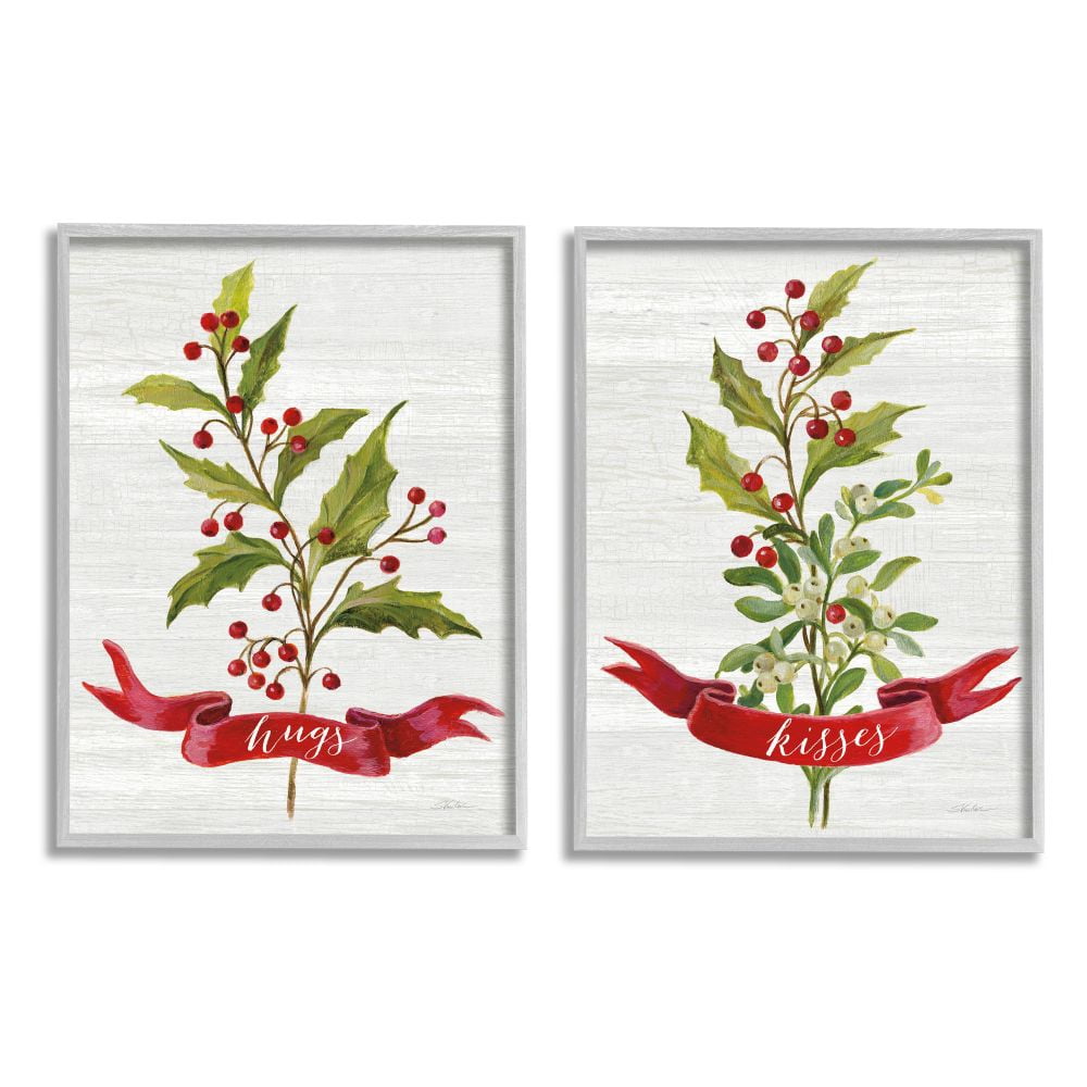Stupell Industries Hugs and Kisses Christmas Holly Branch Winter Seasonal Framed Wall Art Design by Silvia Vassileva, 2 Piece, 11" x 14", Gray Framed