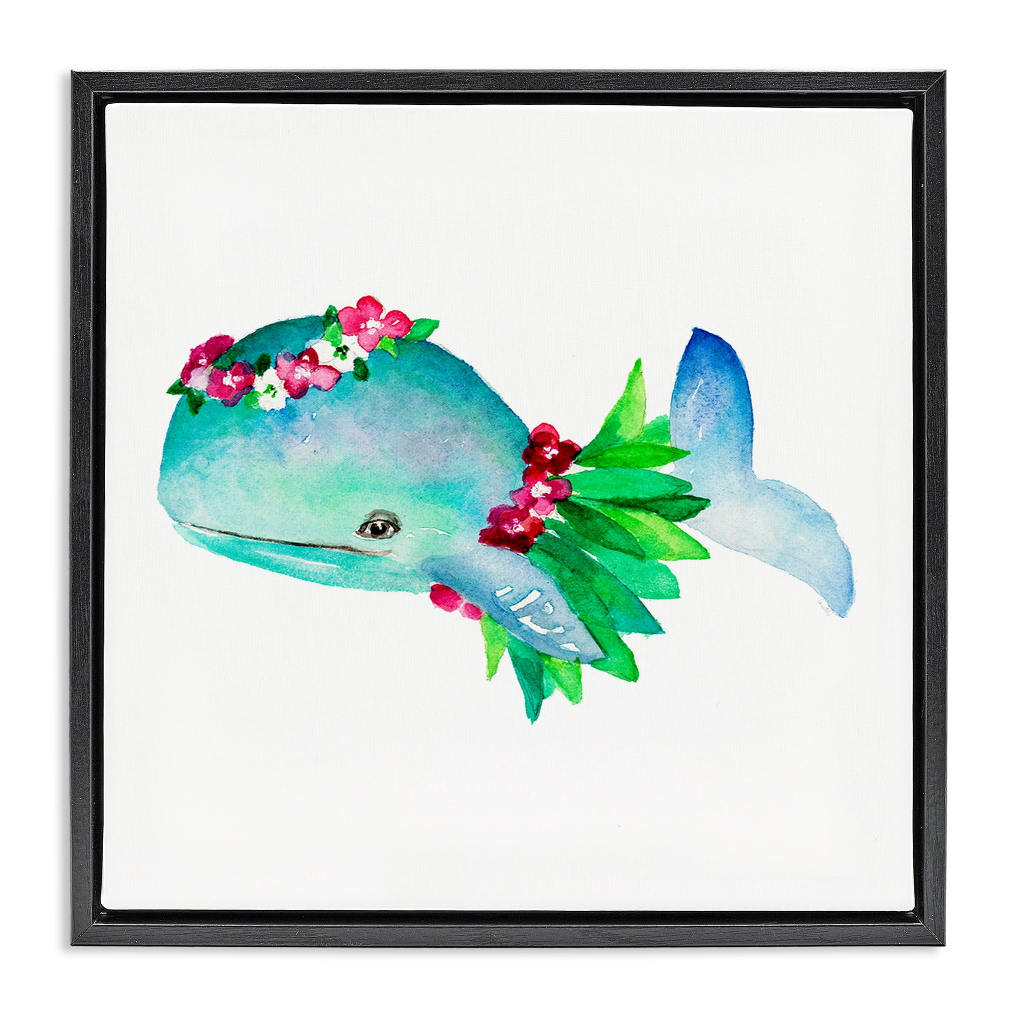 Stupell Industries Hula Skirt Whale Novelty Painting Black Floater Framed Canvas Art Print Wall Art, 18 x 18