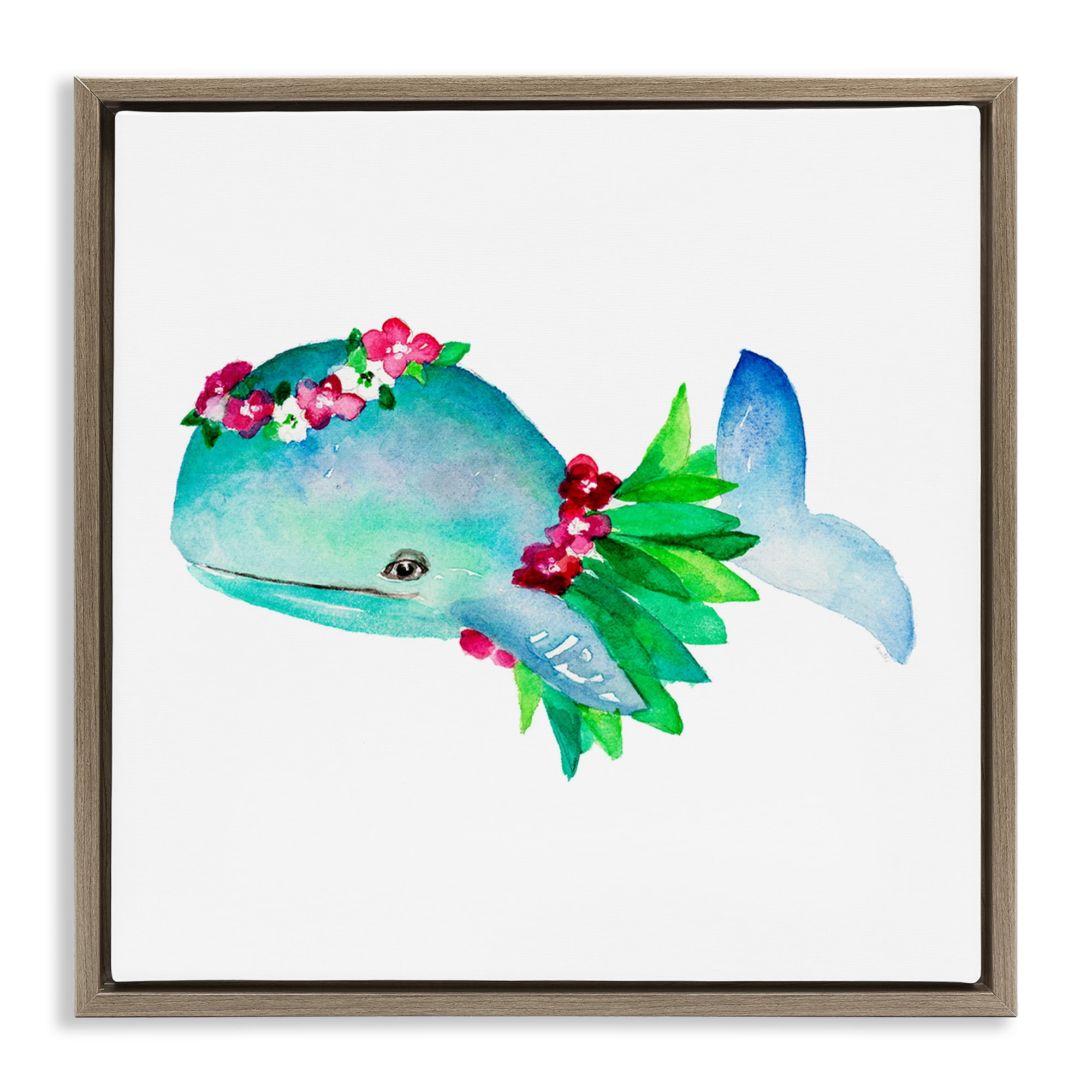 Stupell Industries Hula Skirt Whale Novelty Painting Brown Floater Framed Canvas Art Print Wall Art, 18 x 18