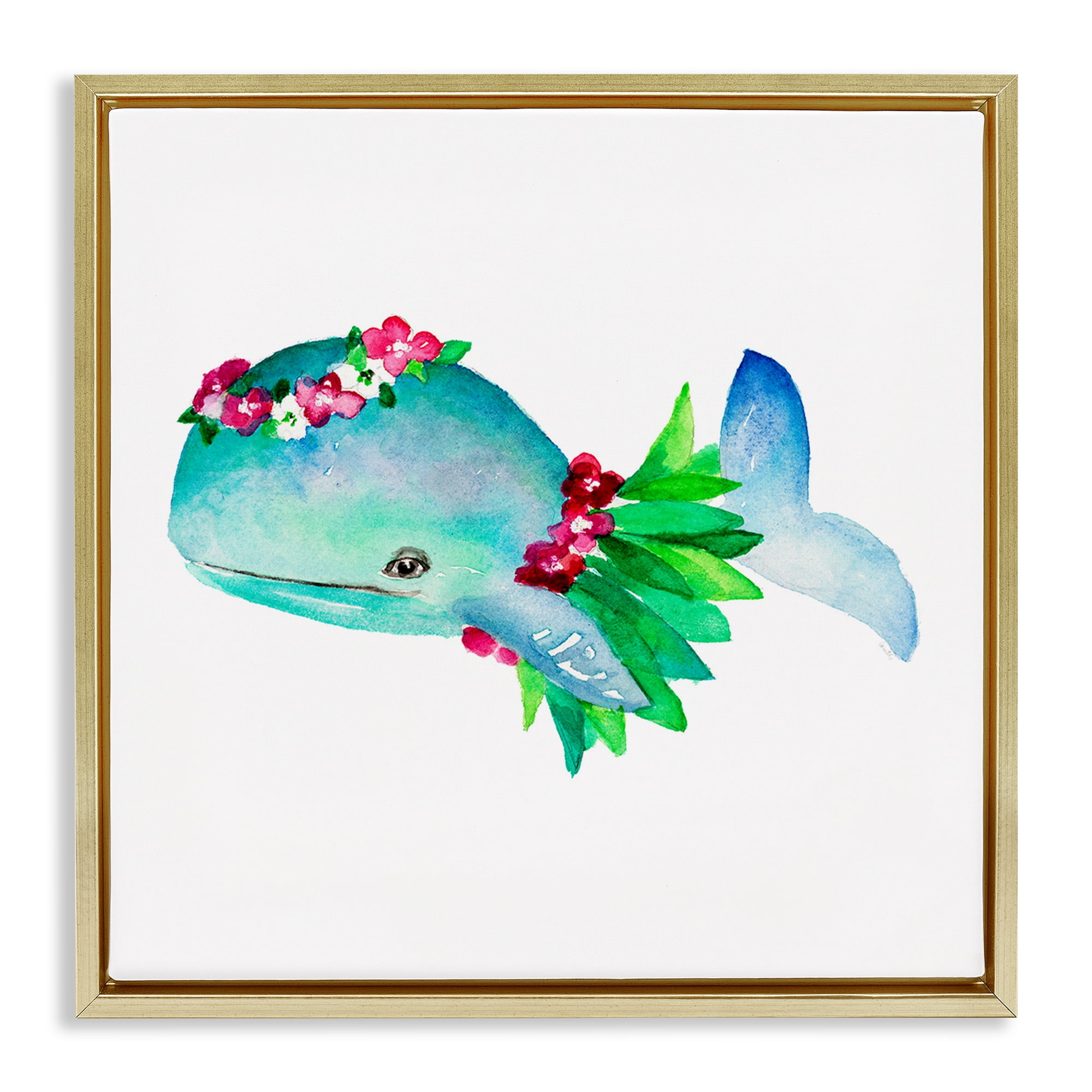 Stupell Industries Hula Skirt Whale Novelty Painting Gold Floater Framed Canvas Art Print Wall Art, 25 x 25