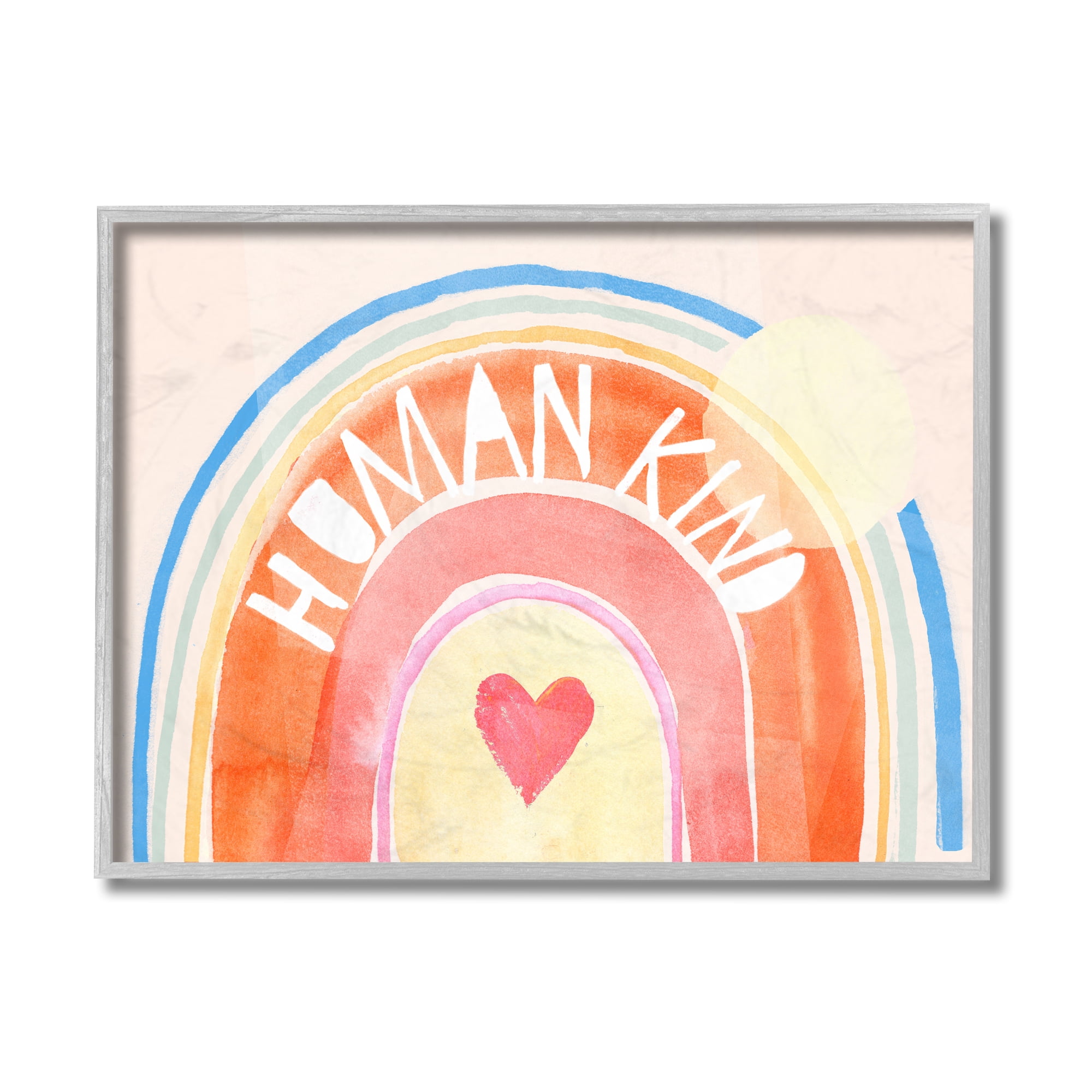 Stupell Industries Human Kind Text Playful Rainbow Heart Typography Painting Gray Framed Art Print Wall Art, 11 x 14