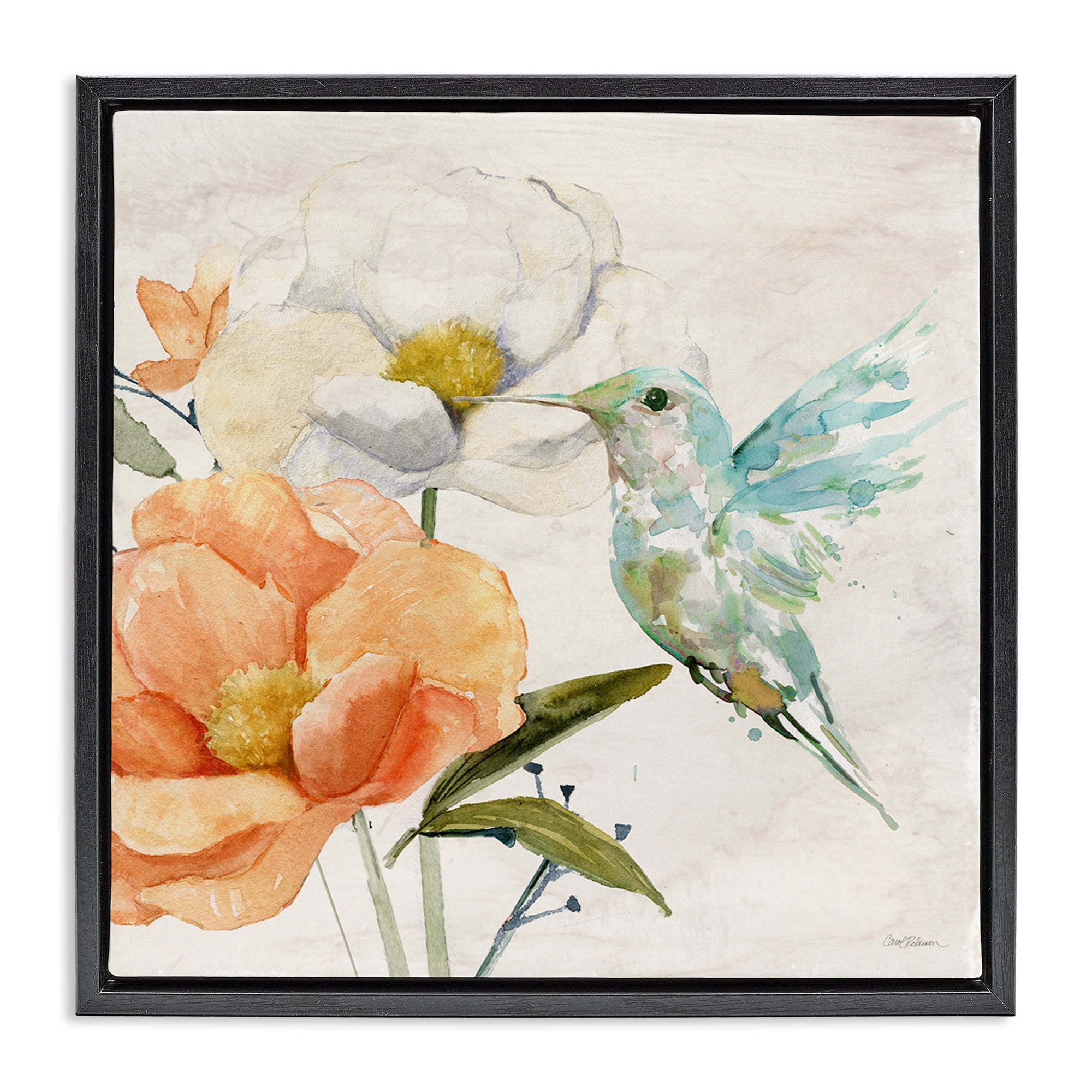 Stupell Industries Hummingbird & Flower Nectar Plants & Flowers Painting Black Floater Framed Canvas Art Print Wall Art, 25 x 25