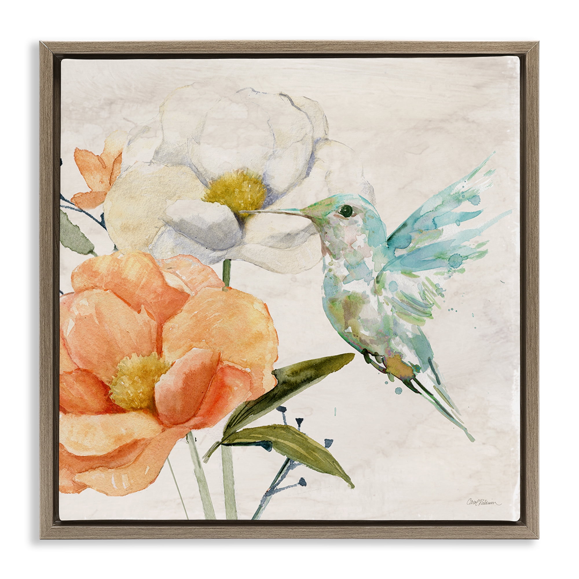 Stupell Industries Hummingbird & Flower Nectar Plants & Flowers Painting Brown Floater Framed Canvas Art Print Wall Art, 25 x 25