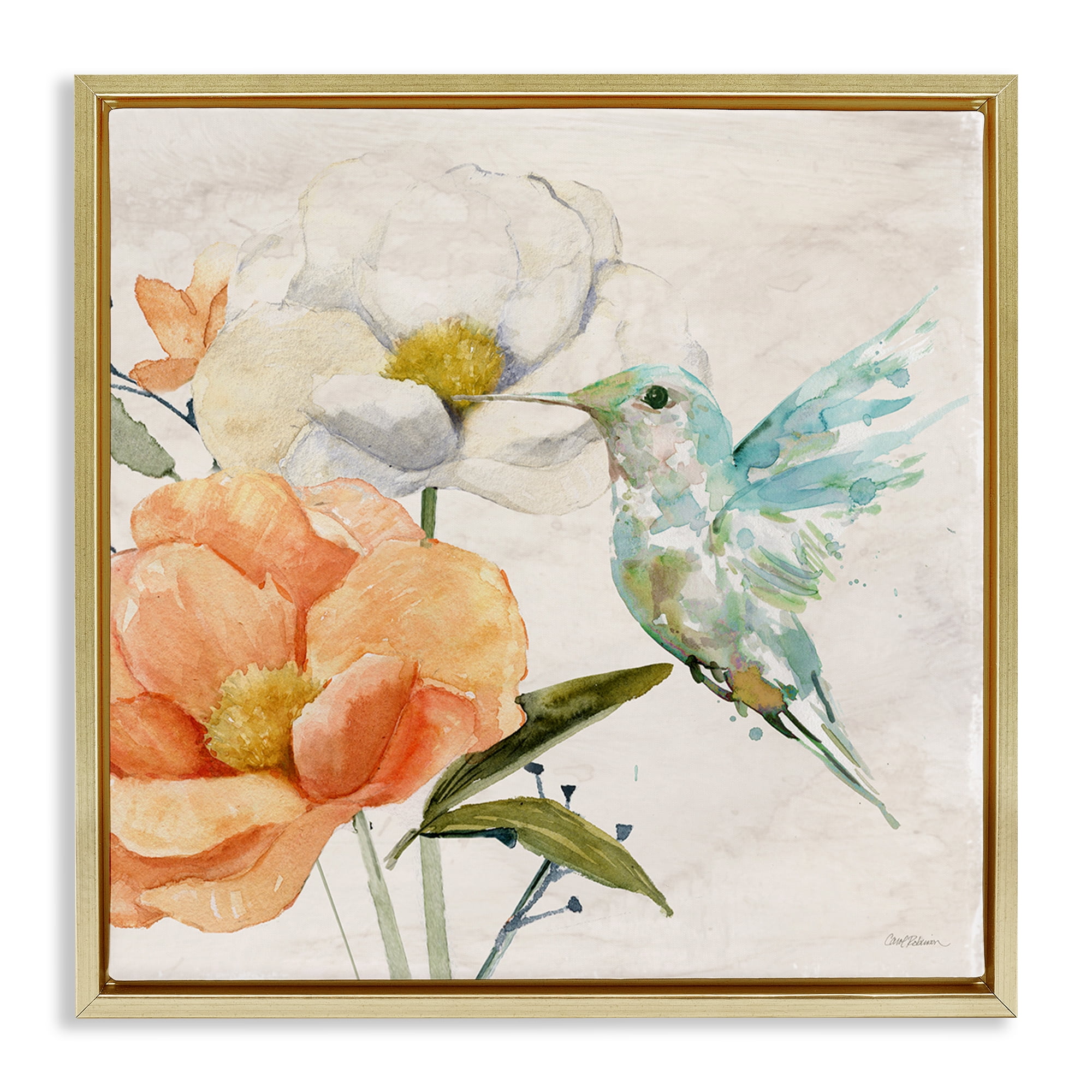 Stupell Industries Hummingbird & Flower Nectar Plants & Flowers Painting Gold Floater Framed Canvas Art Print Wall Art, 25 x 25
