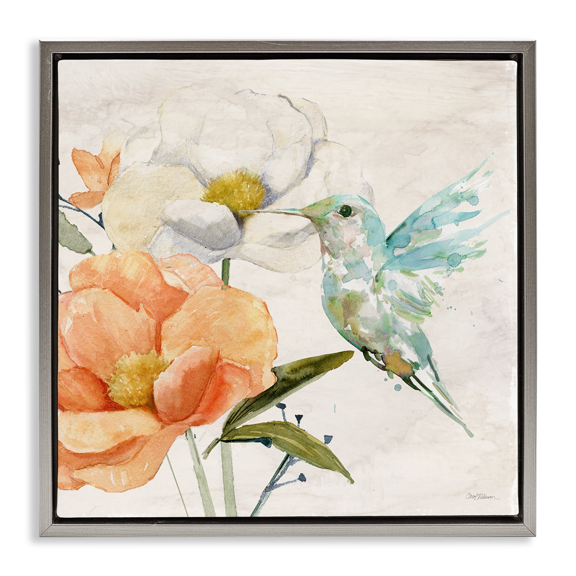 Stupell Industries Hummingbird & Flower Nectar Plants & Flowers Painting Gray Floater Framed Canvas Art Print Wall Art, 25 x 25