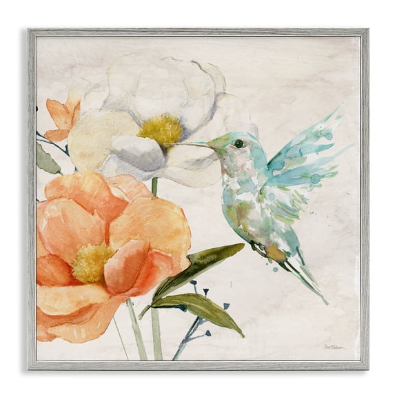 Stupell Industries Hummingbird & Flower Nectar Plants & Flowers Painting Gray Framed Art Print Wall Art, 24 x 24
