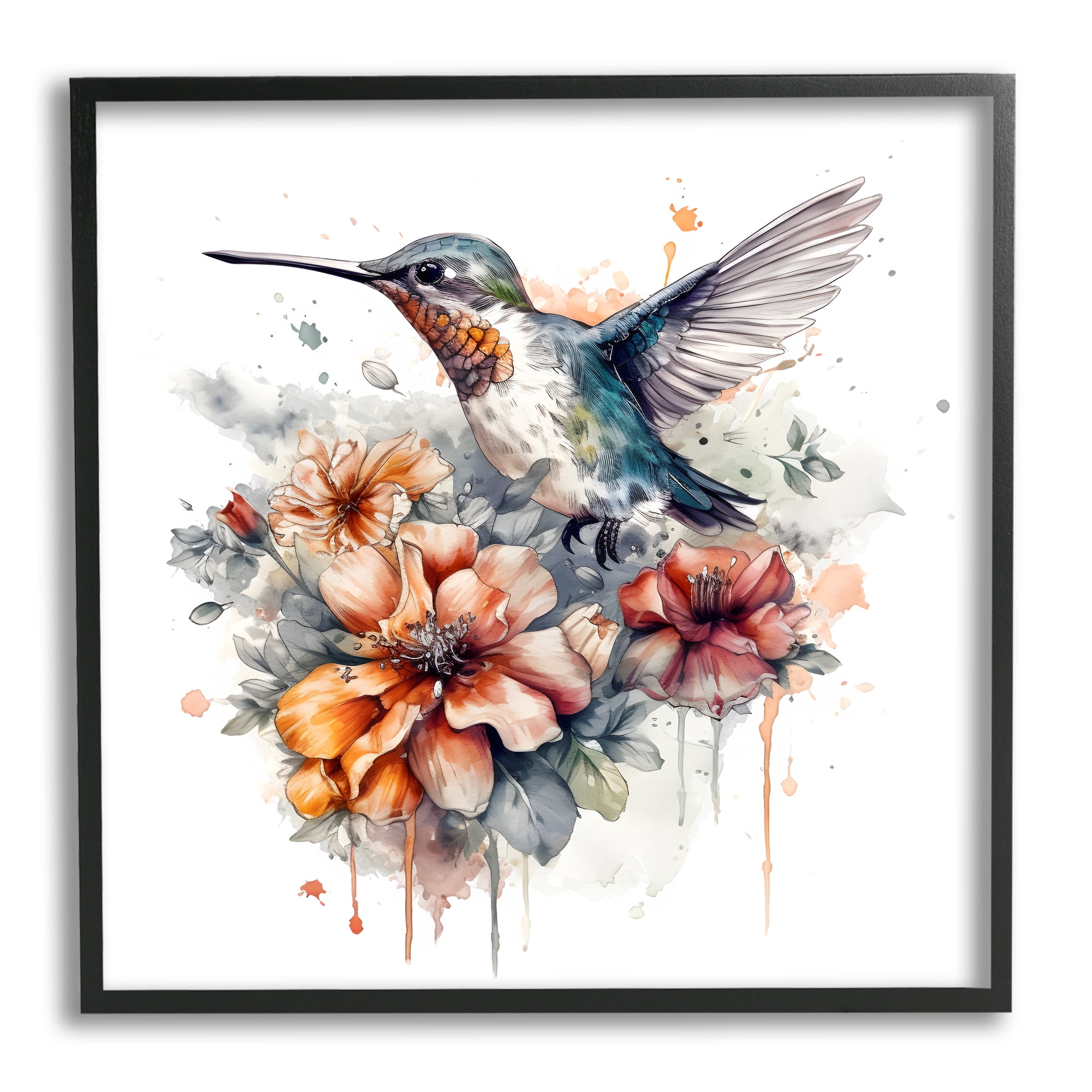 Stupell Industries Hummingbird & Hibiscus Flower Animals & Insects Painting Black Framed Art Print Wall Art, 17 x 17